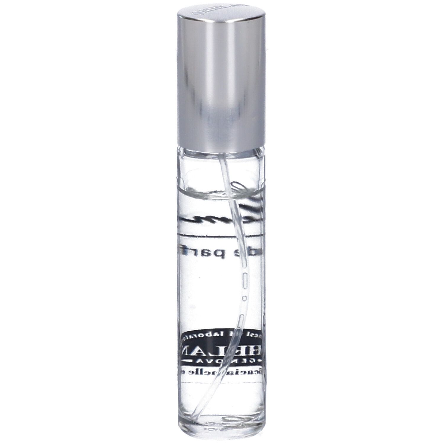 Flacone trasparente con tappo argentato. Scritta: Elemi eau de parfum, HELAN GENOVA.