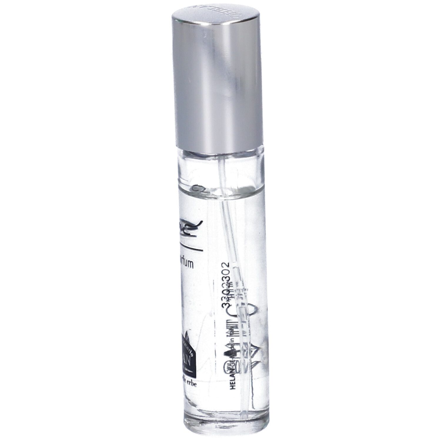 Flacone trasparente con tappo argentato. Scritta: Elemi eau de parfum, HELAN GENOVA.