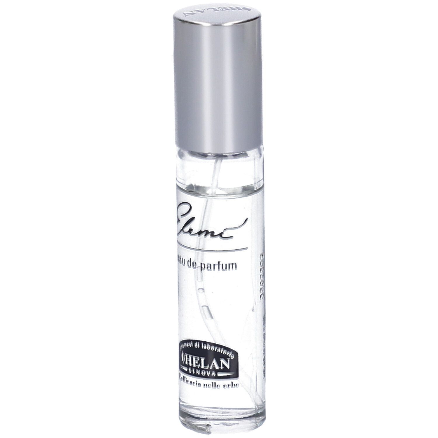 Flacone trasparente con tappo argentato. Scritta: Elemi eau de parfum, HELAN GENOVA.
