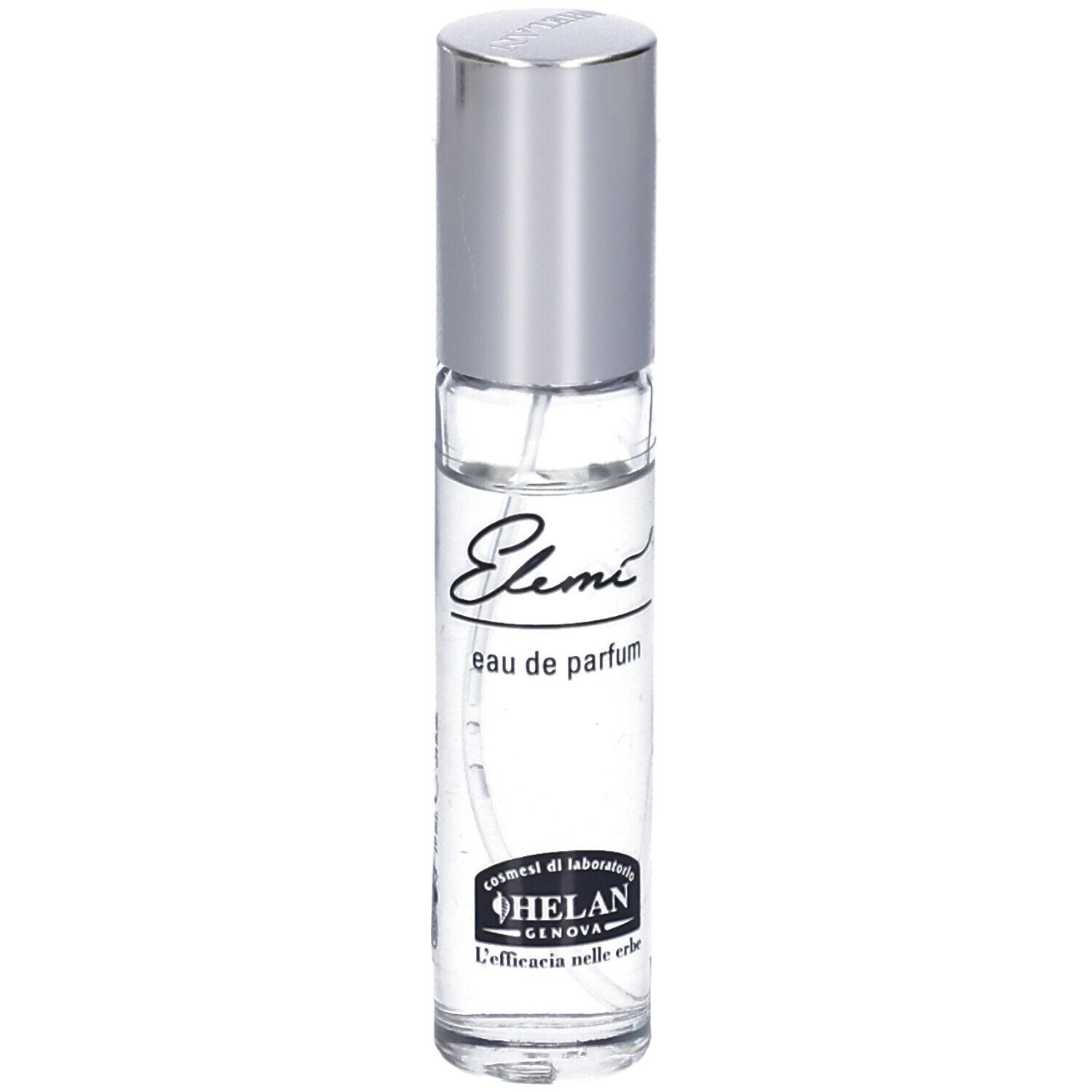 Flacone trasparente con tappo argentato. Scritta: Elemi eau de parfum, HELAN GENOVA.