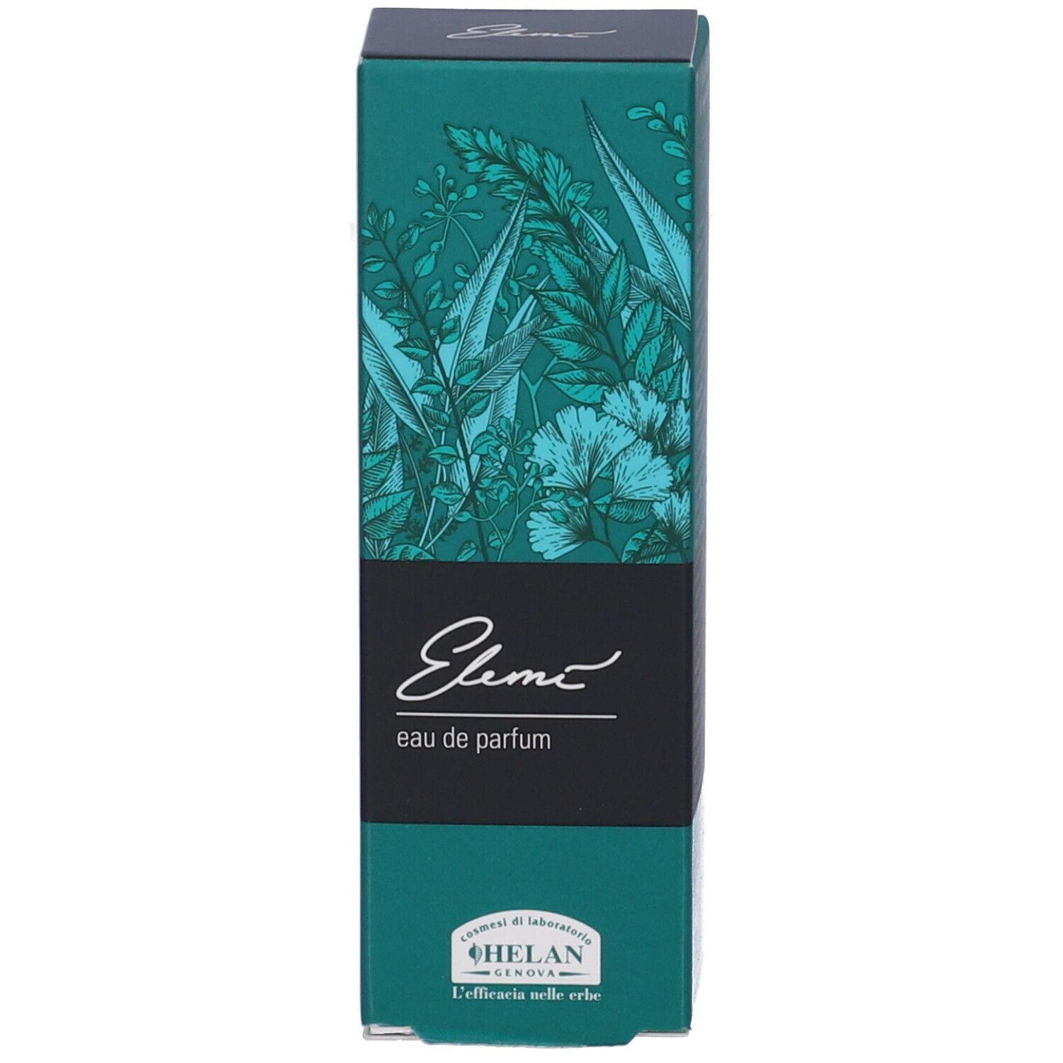 Confezione verde con motivo floreale. Scritta: Elemi eau de parfum, HELAN GENOVA.