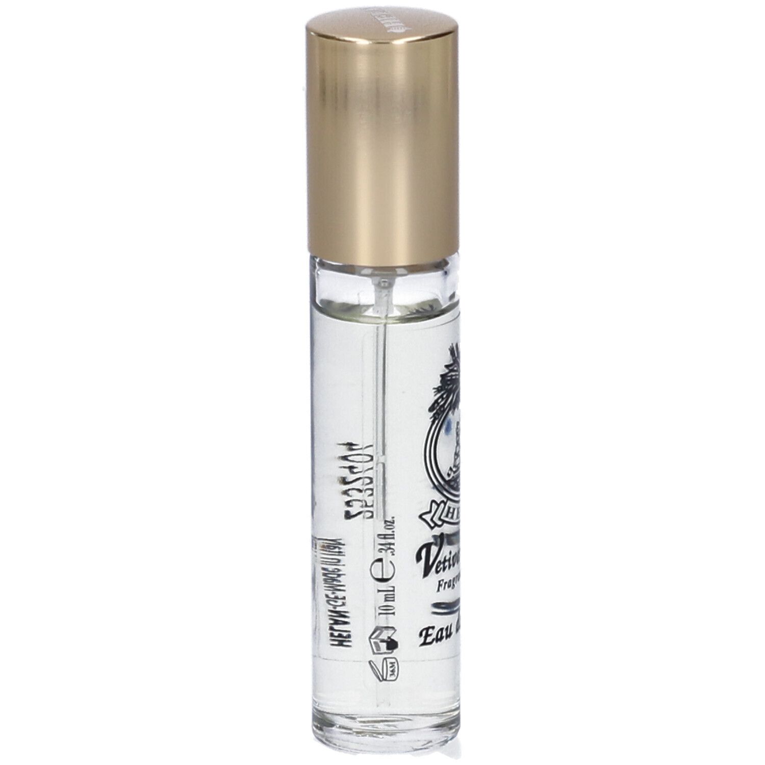 Flacone trasparente con tappo dorato. Scritta: Helan, Vetiver & Rum, Eau de Toilette. Etichetta con codice a barre e volume.