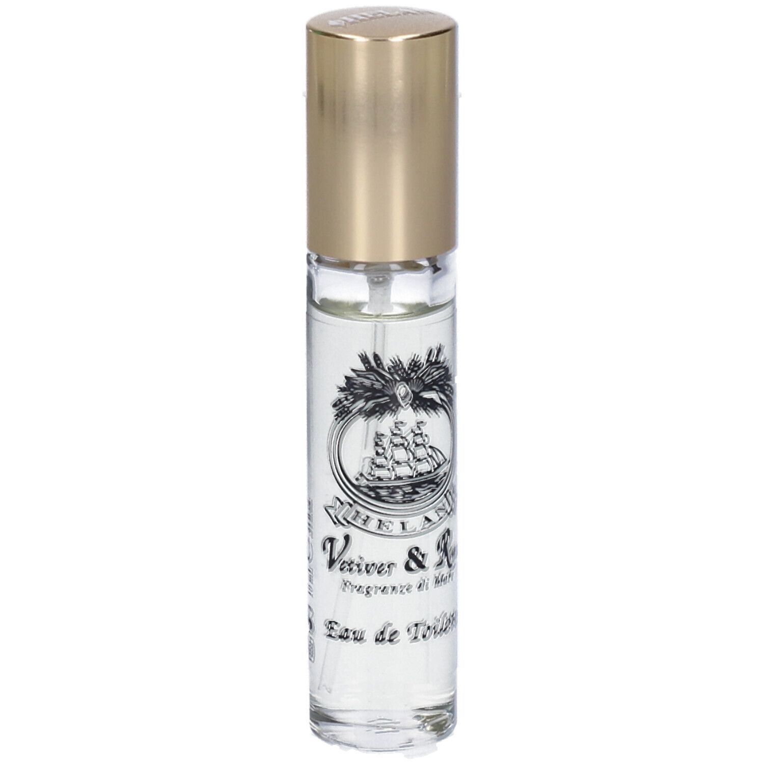 Flacone trasparente con tappo dorato. Scritta: Helan, Vetiver & Rum, Eau de Toilette. Immagine di una nave a vela.
