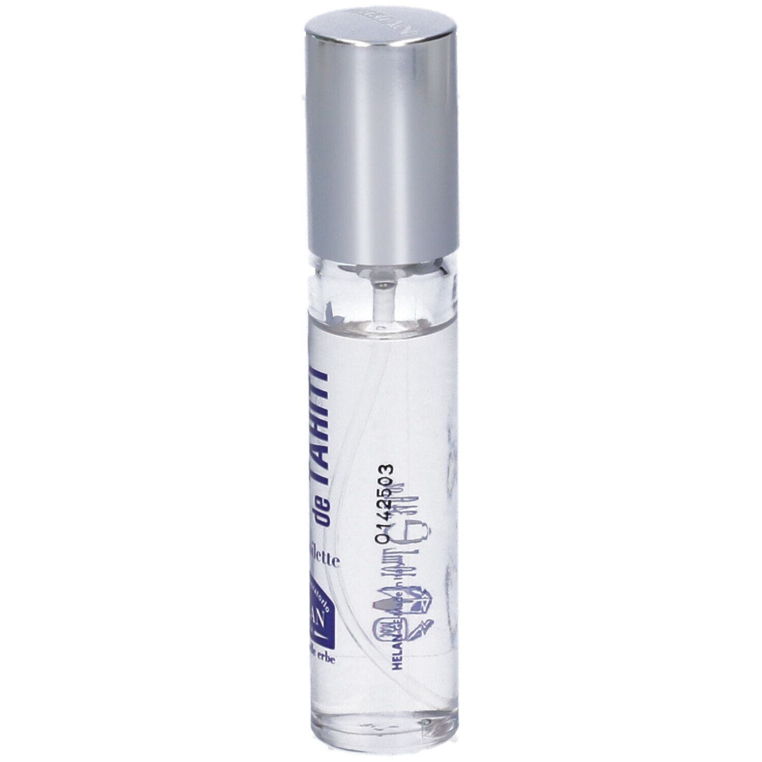 Flacone trasparente con tappo argentato. Scritta: MONOI de TAHITI, eau de toilette, HELAN GENOVA.