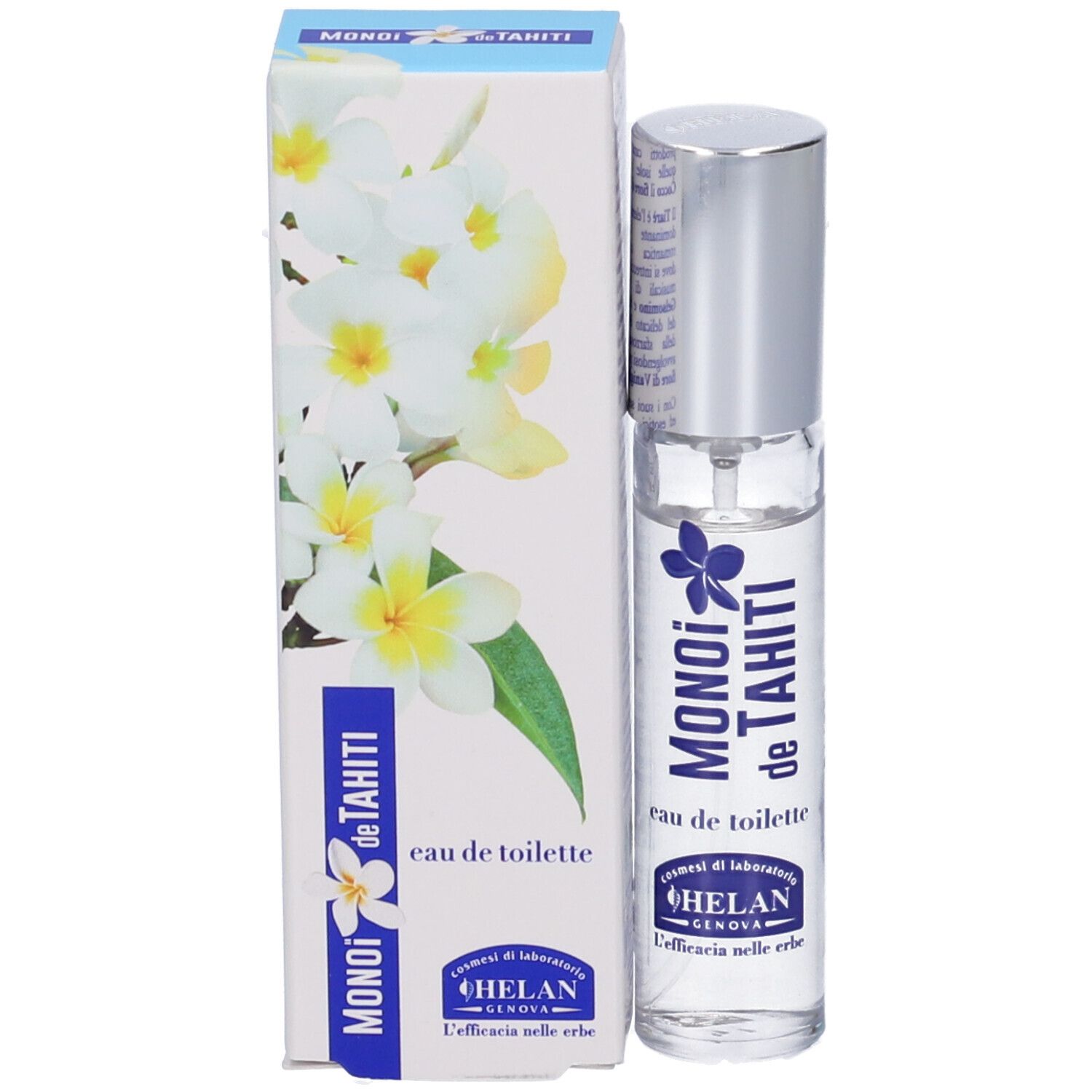 Flacone e confezione. Flacone: MONOI de TAHITI, eau de toilette. Confezione: motivo floreale, MONOI de TAHITI.