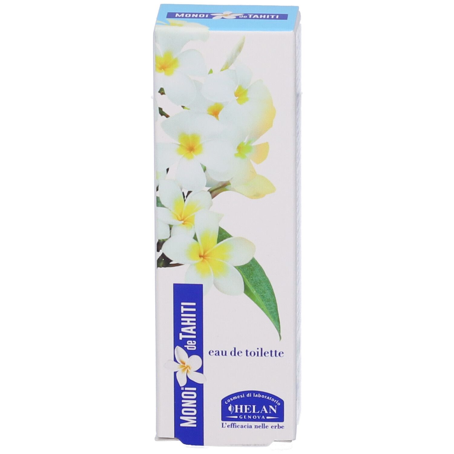 Confezione con motivo floreale. Scritta: MONOI de TAHITI, eau de toilette, HELAN GENOVA.