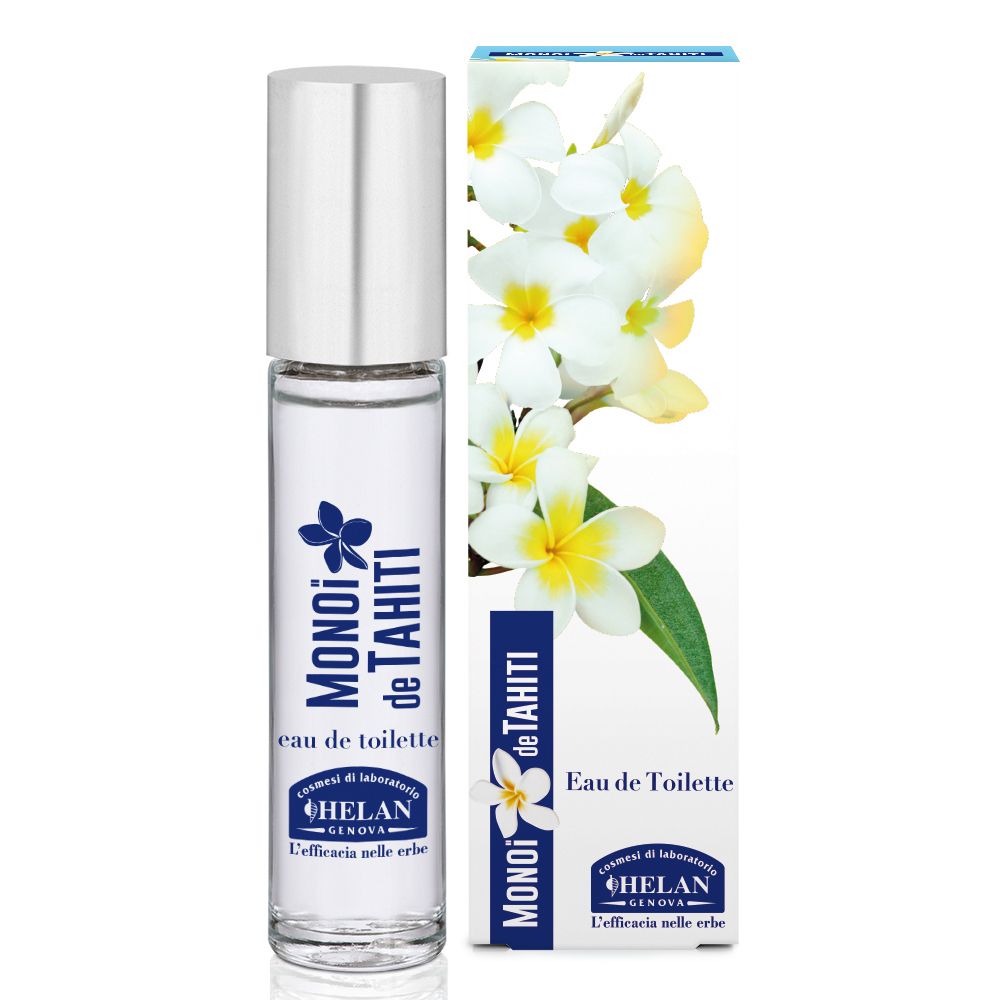Flacone e confezione. Flacone: MONOI de TAHITI, eau de toilette, HELAN. Confezione: fiori, testo.