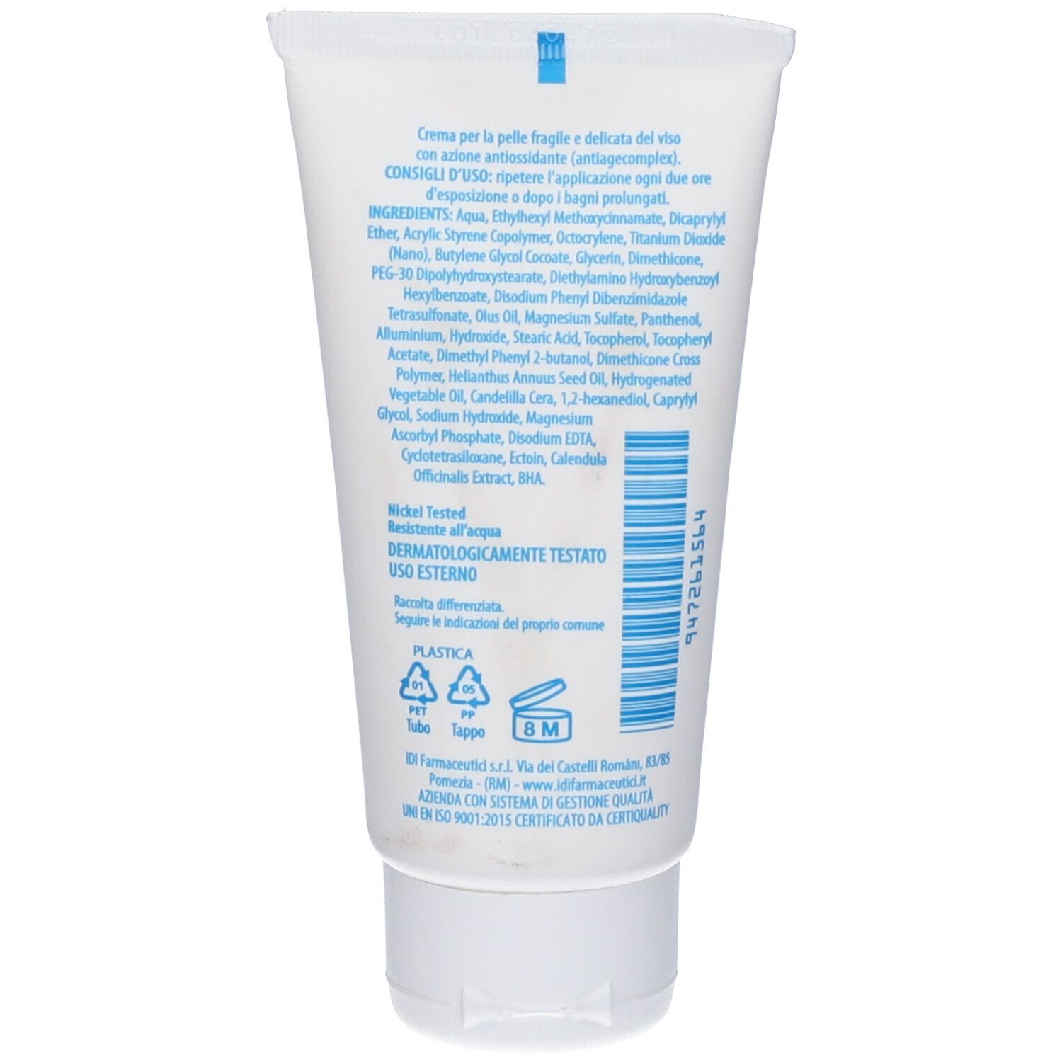 Retro del tubo. Testo: Ingredienti, Dermatologicamente testato. Simboli di riciclaggio.