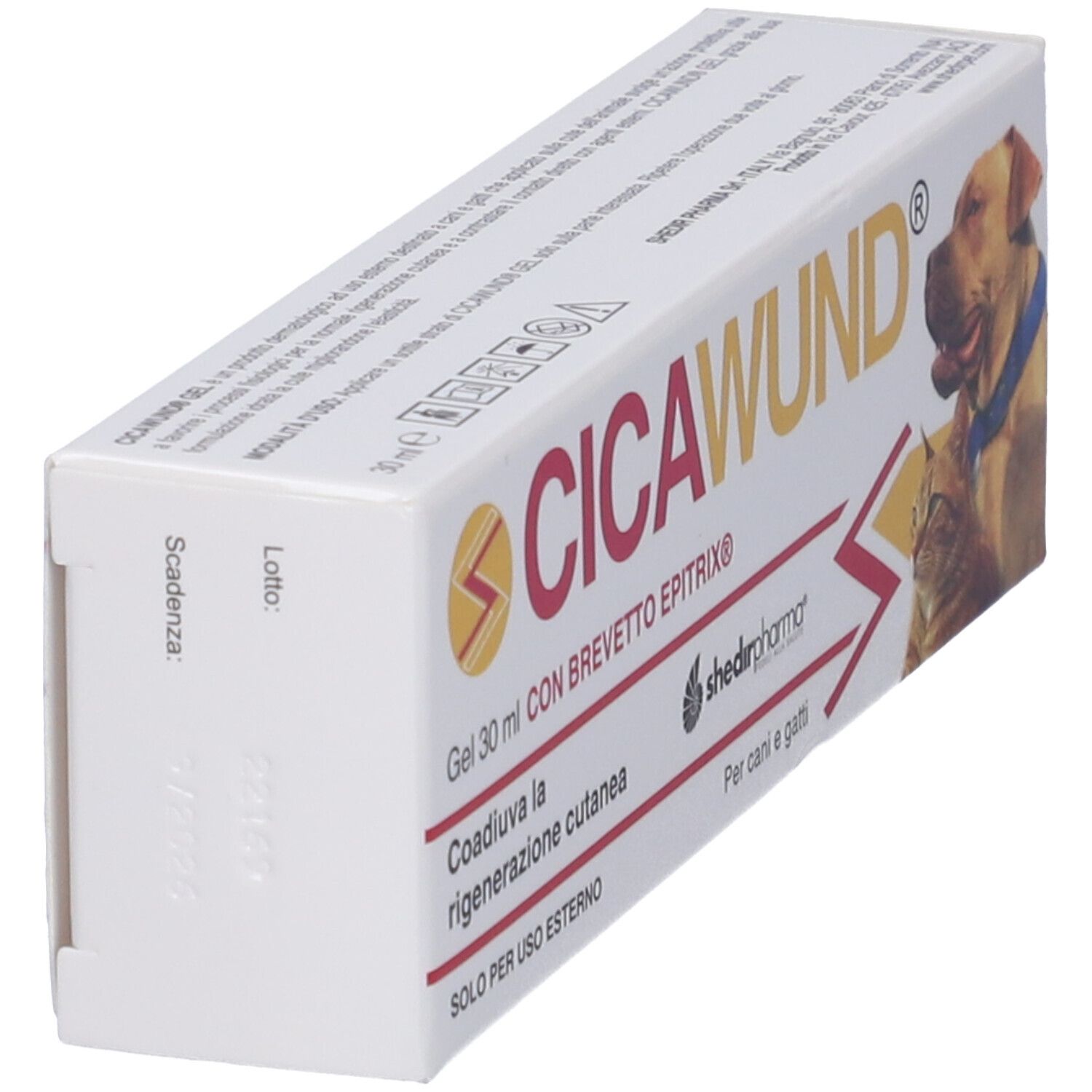 Confezione di gel CICAWUND. Scritta: Gel 30 ml, con BREVETTO EPITRIX. Immagine cane e gatto. Vista laterale.
