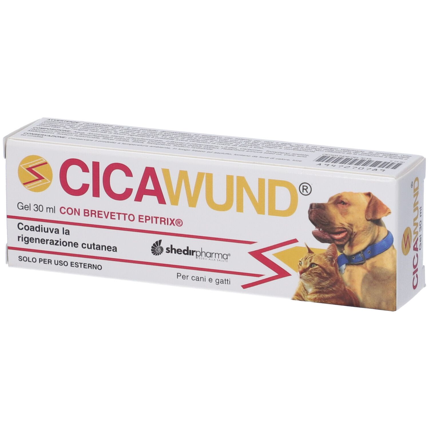 Confezione di gel CICAWUND. Scritta: Gel 30 ml, con BREVETTO EPITRIX. Immagine di cane e gatto.