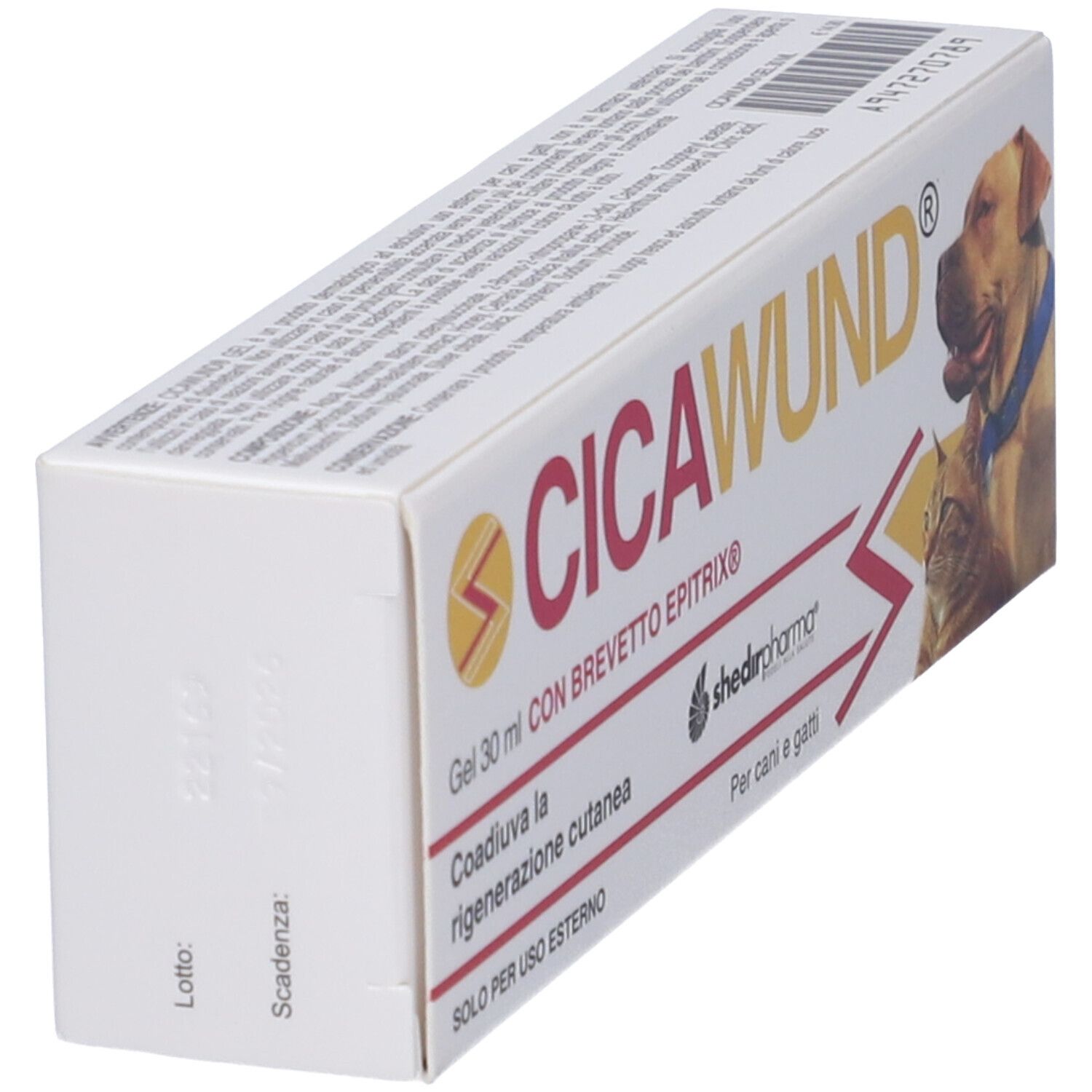 Confezione di gel CICAWUND. Scritta: Gel 30 ml, con BREVETTO EPITRIX. Immagine cane e gatto. Vista laterale.