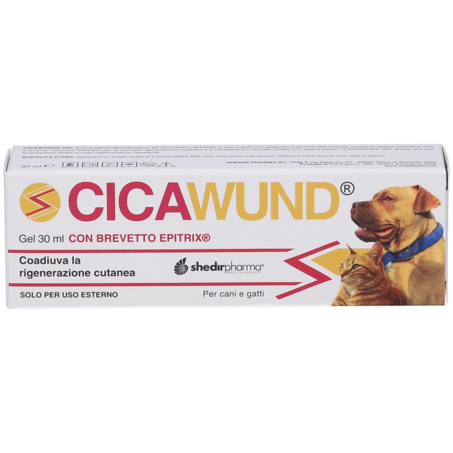 Confezione di gel CICAWUND. Scritta: Gel 30 ml, con BREVETTO EPITRIX. Immagine di cane e gatto.