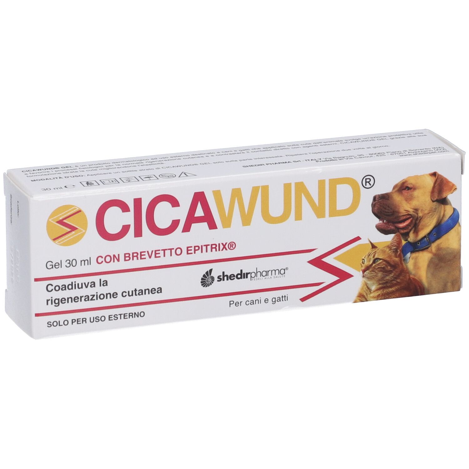 Confezione di gel CICAWUND. Scritta: Gel 30 ml, con BREVETTO EPITRIX. Immagine di cane e gatto.