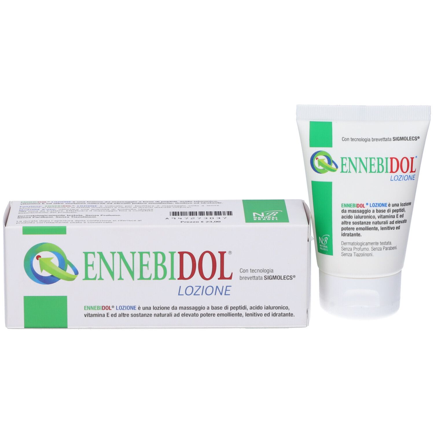 Confezione del prodotto e tubo. Scritta: ENNEBIDOL LOZIONE. Con logo e testo.