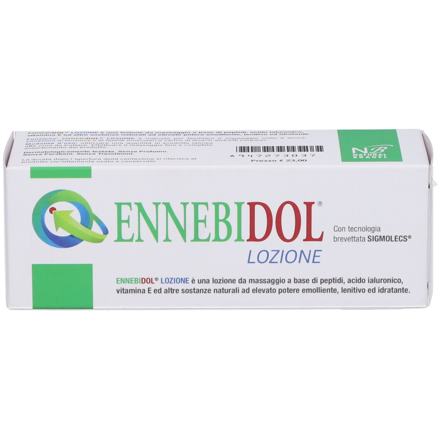 Confezione bianca del prodotto. Scritta: ENNEBIDOL LOZIONE. Con logo e testo.