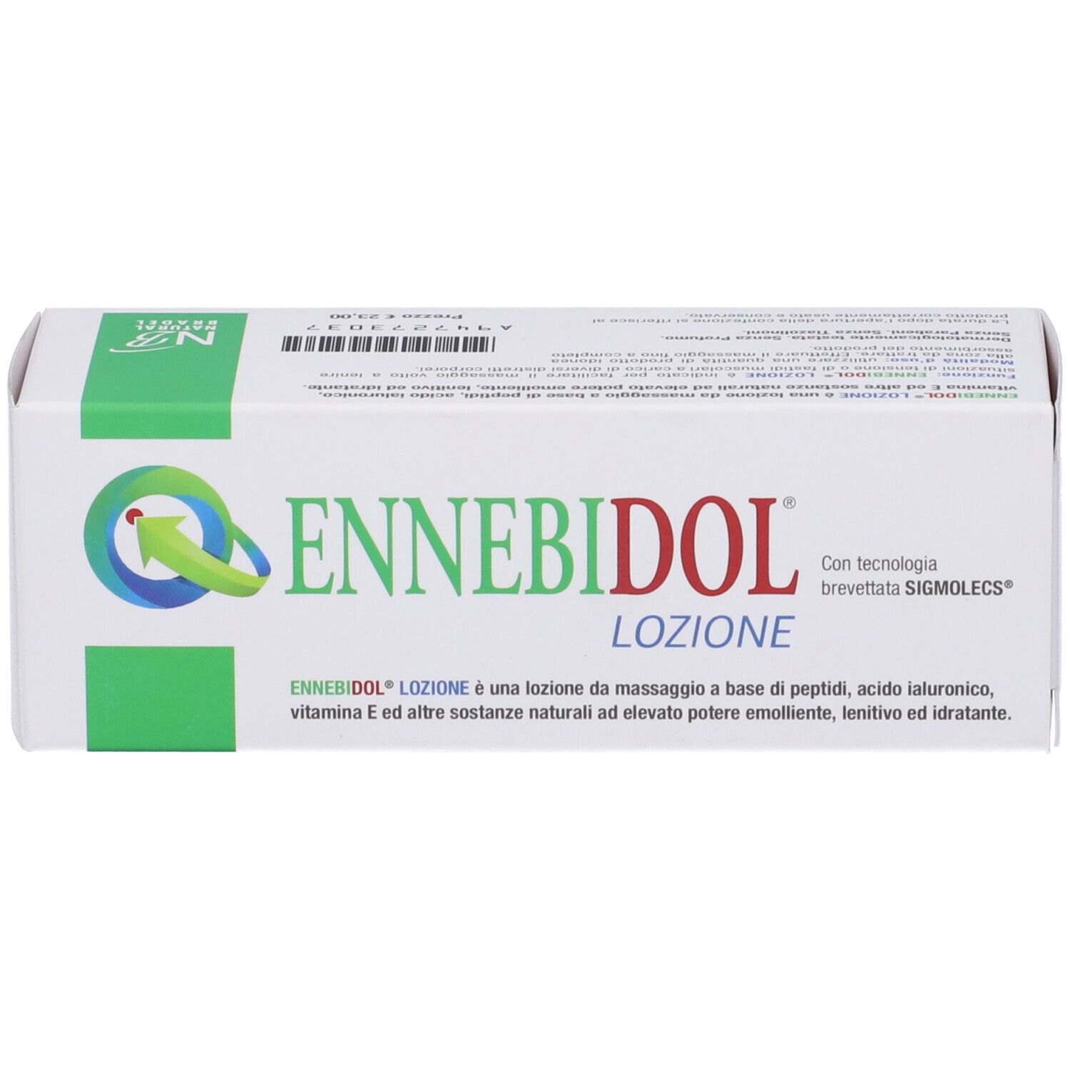 Confezione del prodotto. Scritta: ENNEBIDOL LOZIONE. Con logo e testo.