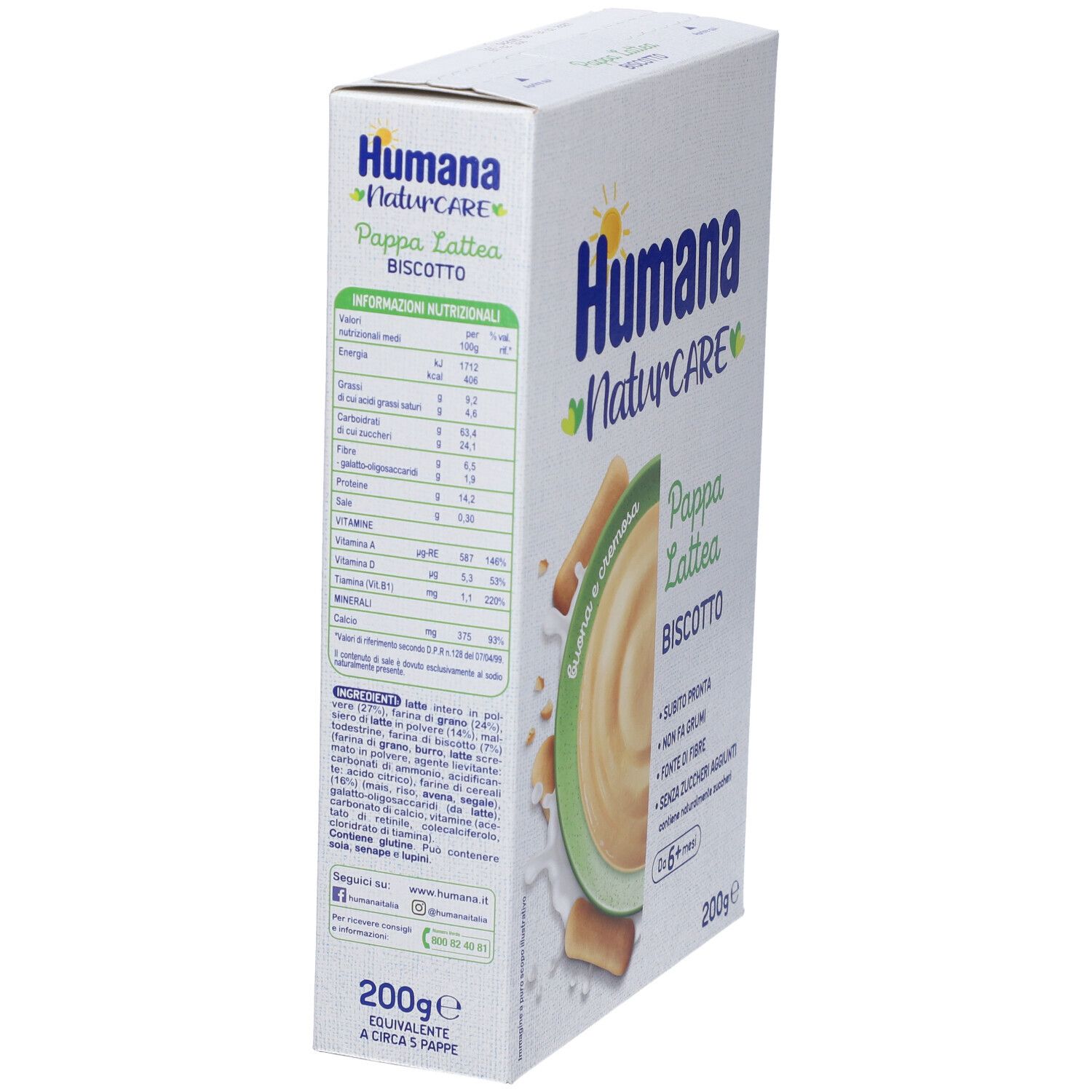 Confezione Humana Naturcare Pappa Lattea Biscotto. Informazioni nutrizionali e logo. 200g. Vista laterale.