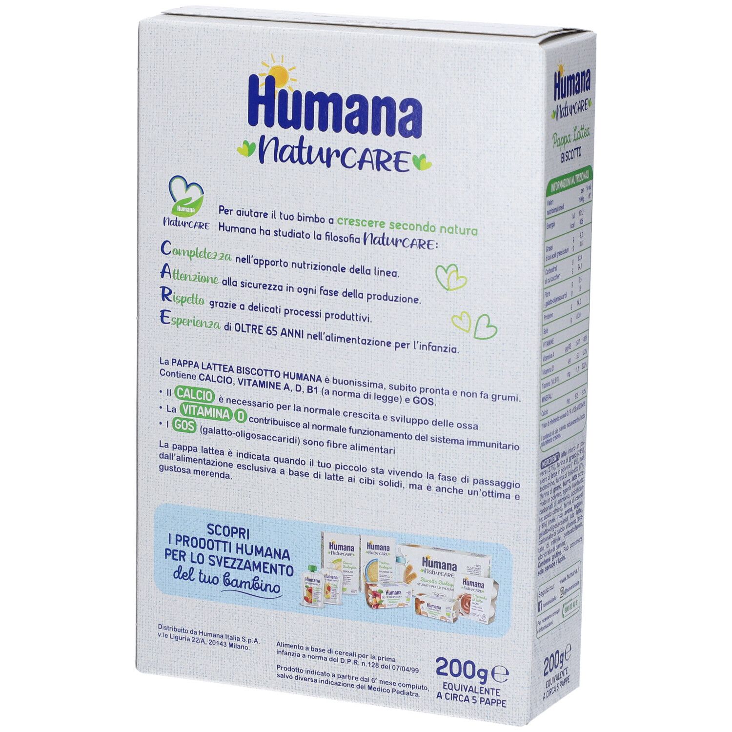 Confezione Humana Naturcare Pappa Lattea Biscotto. Retro con testo e logo. 200g. Contiene calcio e vitamina D.