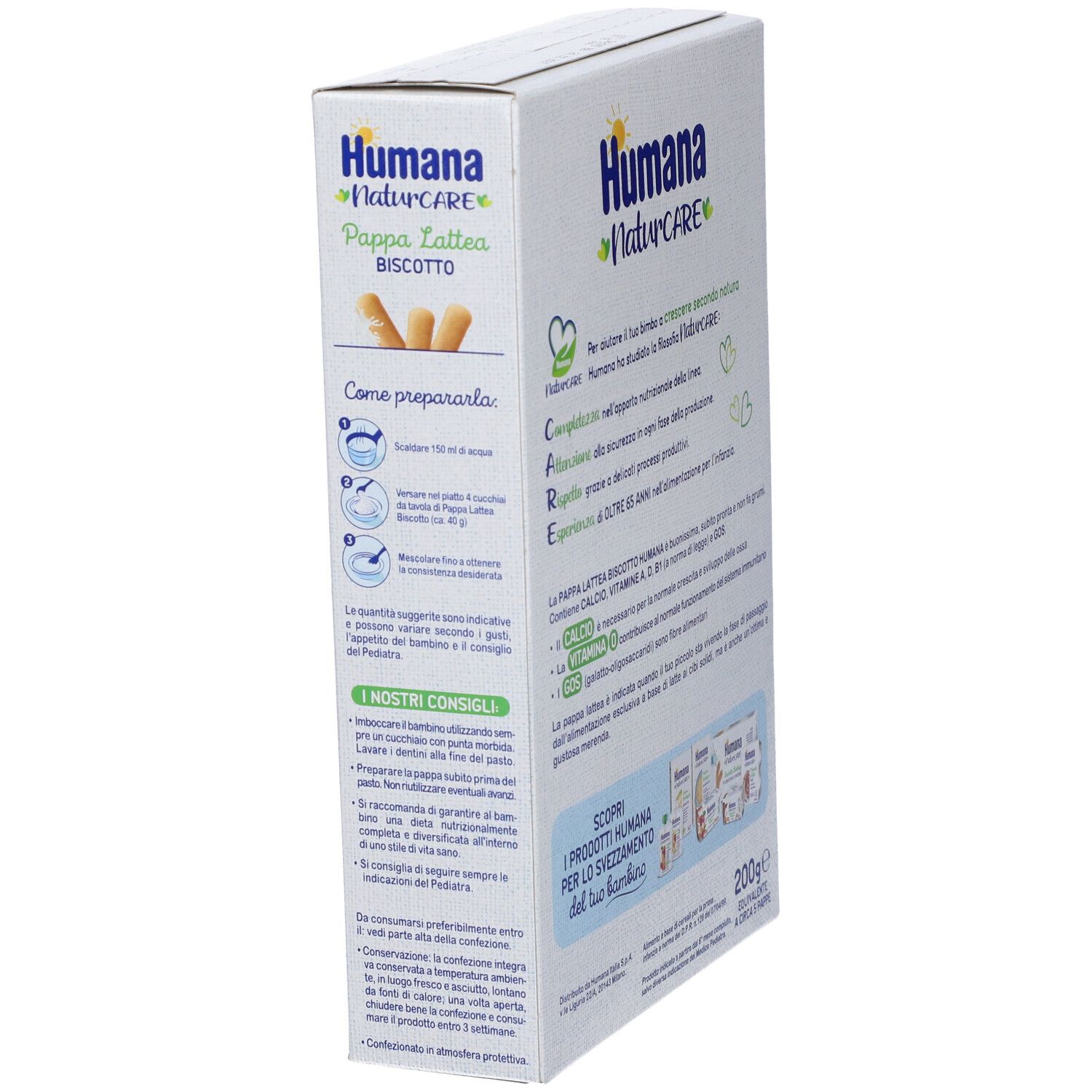Confezione Humana Naturcare Pappa Lattea Biscotto. Lato con istruzioni e logo. 200g. Come preparare.