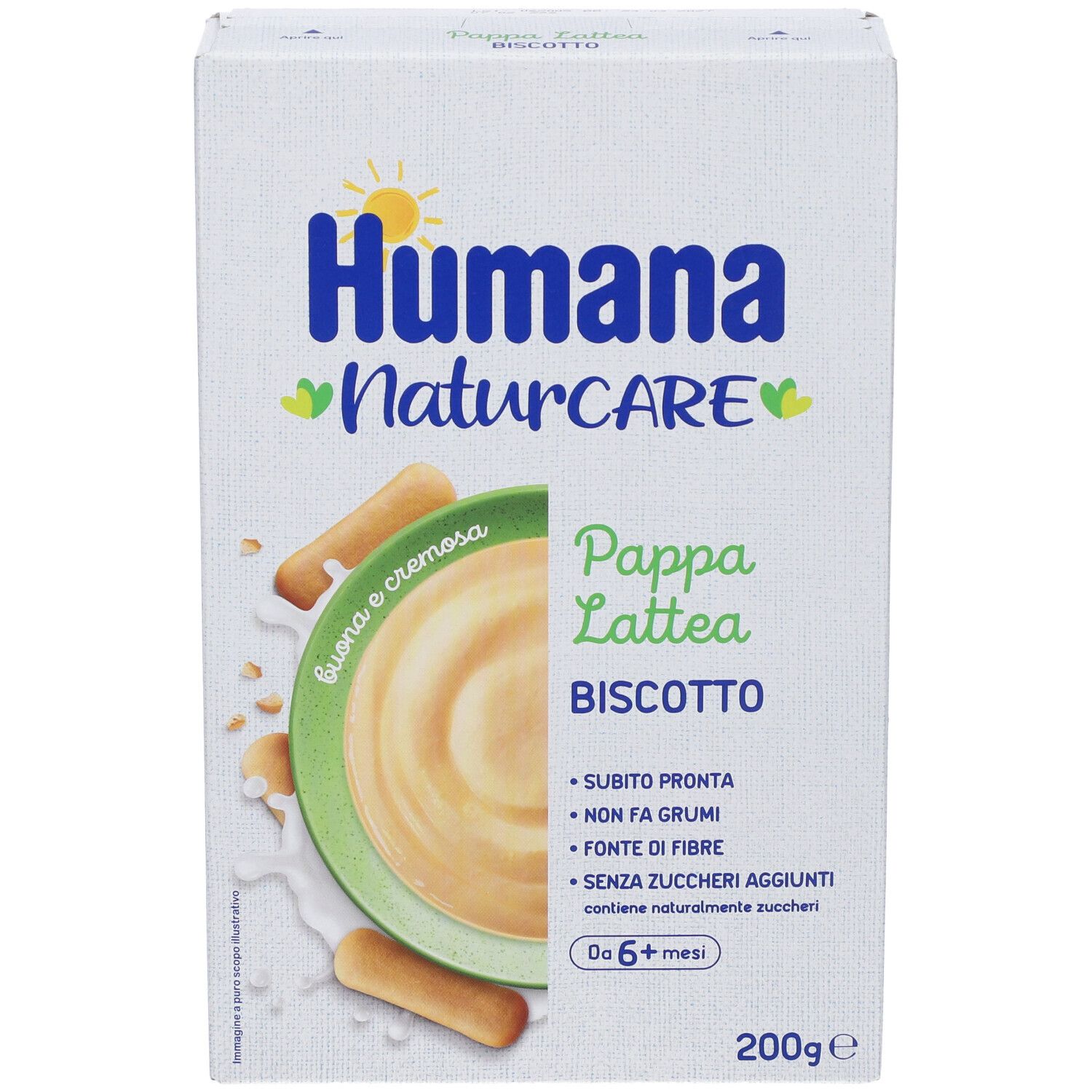 Confezione Humana Naturcare Pappa Lattea Biscotto. Immagine del prodotto e logo. 200g. Da 6+ mesi.