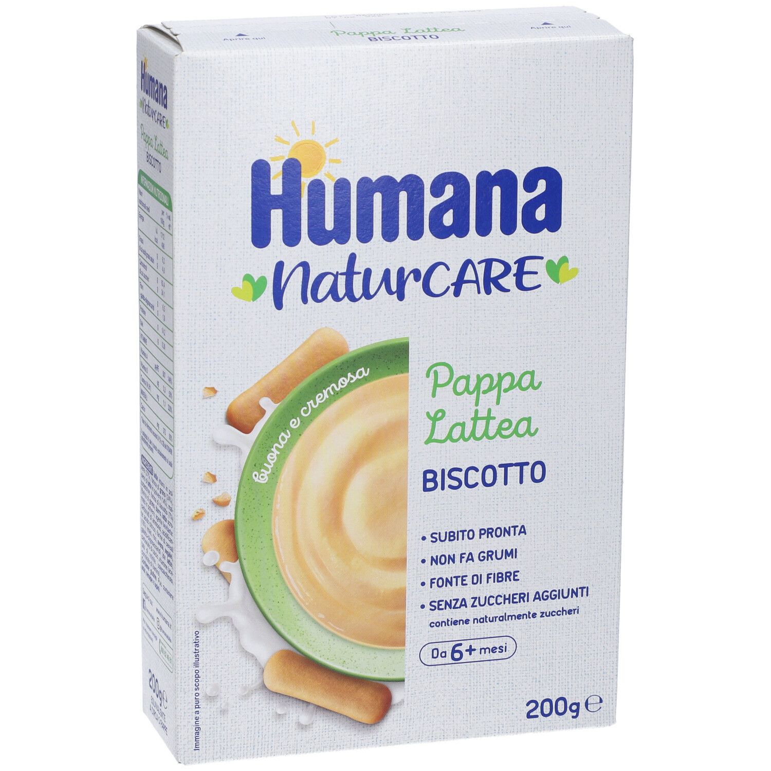 Confezione Humana Naturcare Pappa Lattea Biscotto. Immagine del prodotto e logo. 200g. Da 6+ mesi.
