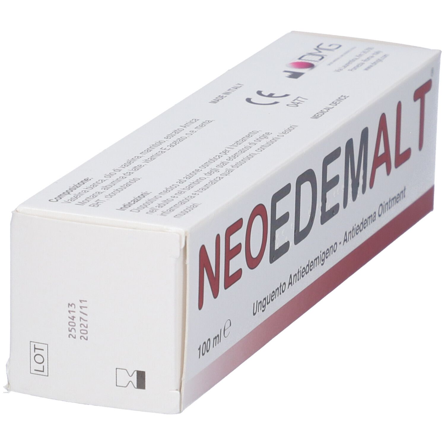 Scatola bianca con testo rosso e nero. Scritto: NEOEDEMALT, Unguento Antiedemigeno. Dispositivo medico.