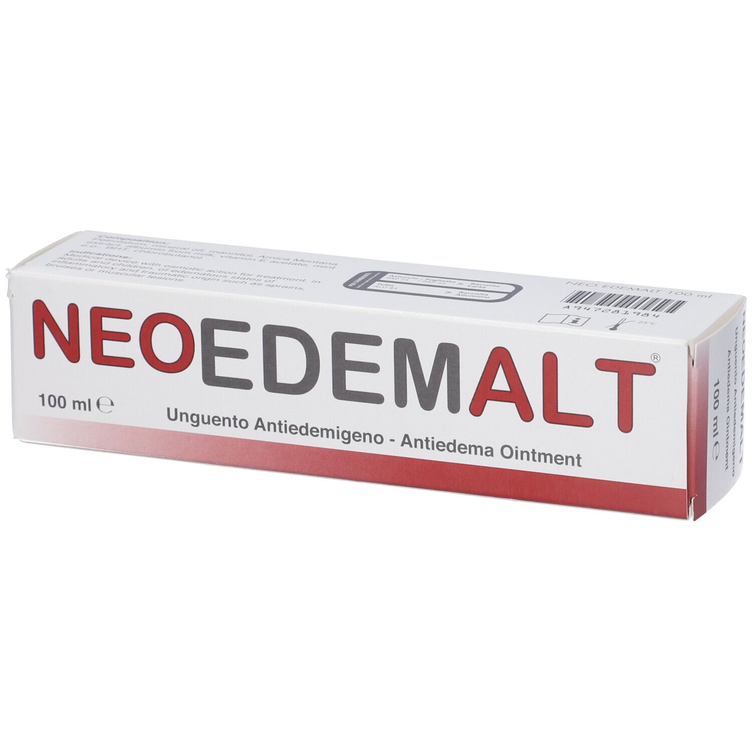 Scatola bianca con testo rosso e nero. Scritto: NEOEDEMALT, Unguento Antiedemigeno. Marchio CE.