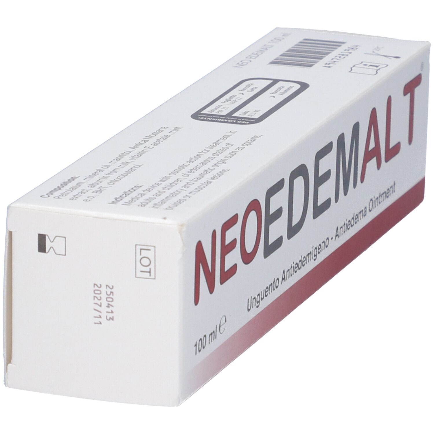 Scatola bianca con testo rosso e nero. Scritto: NEOEDEMALT, Unguento Antiedemigeno. Dispositivo medico.