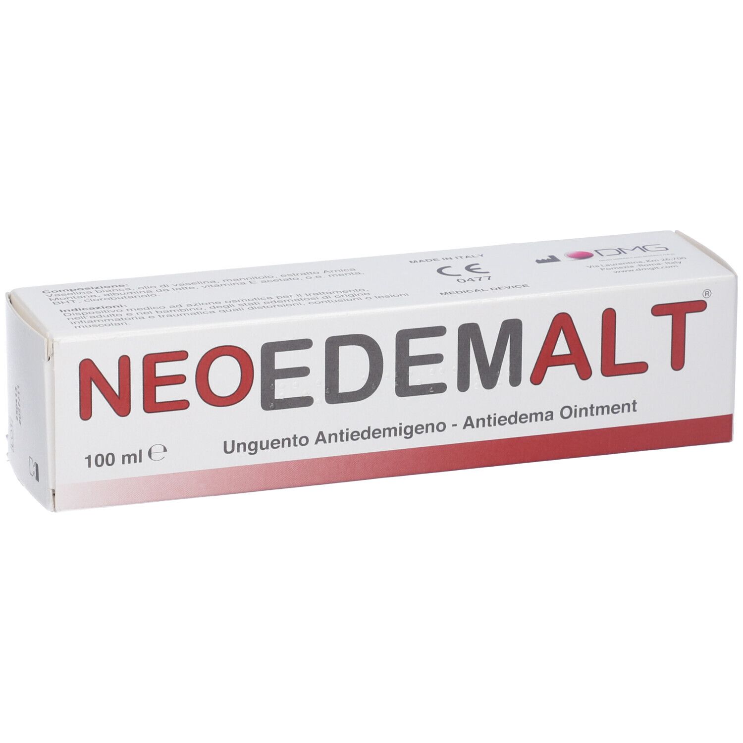 Scatola bianca con testo rosso e nero. Scritto: NEOEDEMALT, Unguento Antiedemigeno. Marchio CE.