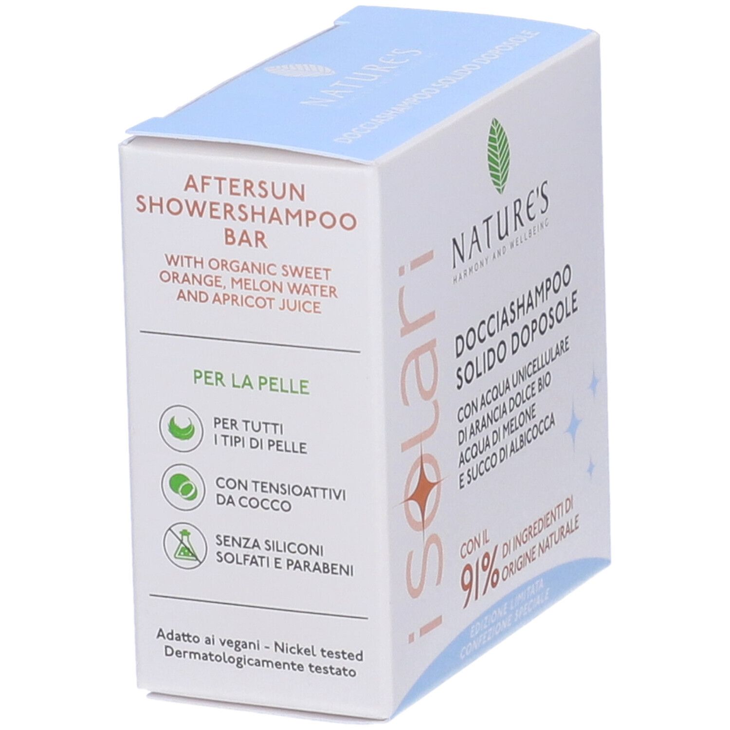 Scatola NATURE'S iSolari Aftersun Showershampoo Bar. Con acqua di arancia dolce bio, acqua di melone e succo di albicocca. Adatto a tutti i tipi di pelle.
