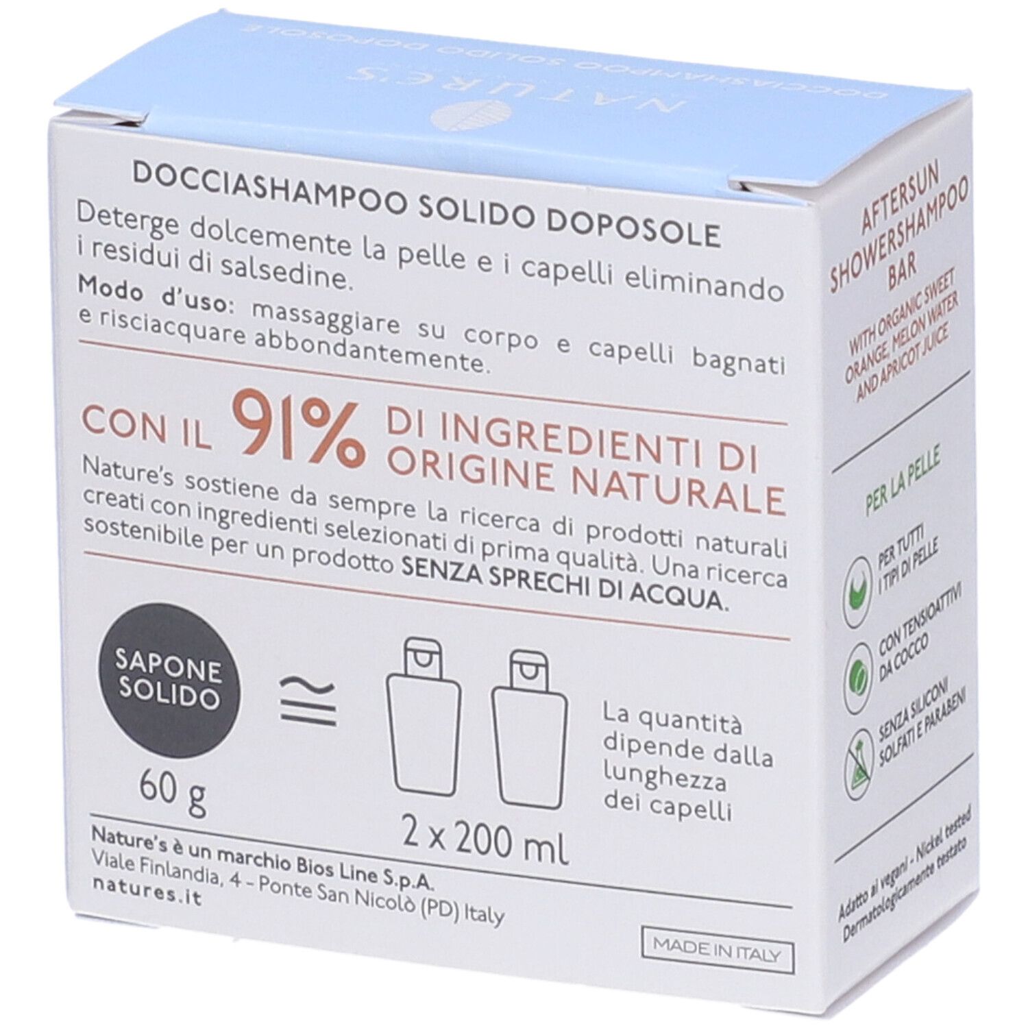 Scatola Docciashampoo Solido Doposole, 60g. 91% ingredienti naturali. Certificazione FSC. Prodotto in Italia. Contiene 2x200ml.
