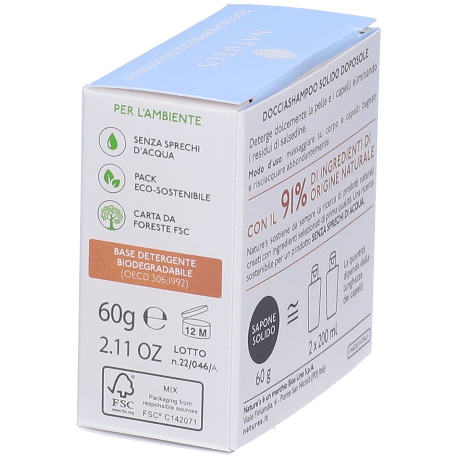 Scatola Docciashampoo Solido Doposole, 60g. 91% ingredienti naturali. Certificazione FSC. Biodegradabile. Contiene 2x200ml.