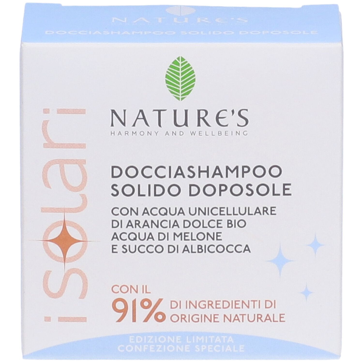Scatola NATURE'S iSolari Docciashampoo Solido Doposole. 91% ingredienti naturali. Con acqua di arancia dolce bio, acqua di melone e succo di albicocca.