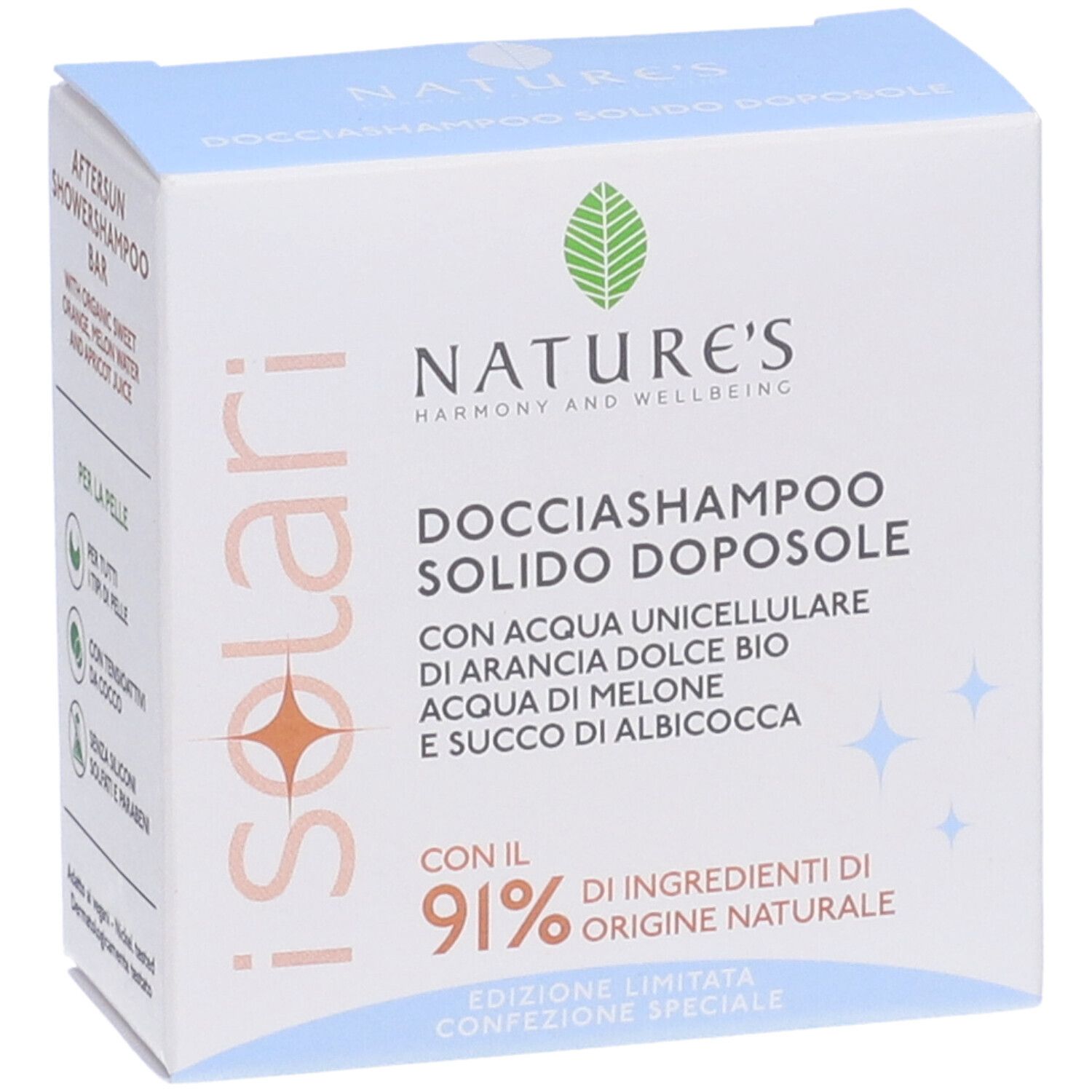 Scatola NATURE'S iSolari Docciashampoo Solido Doposole. 91% ingredienti naturali. Con acqua di arancia dolce bio, acqua di melone e succo di albicocca.