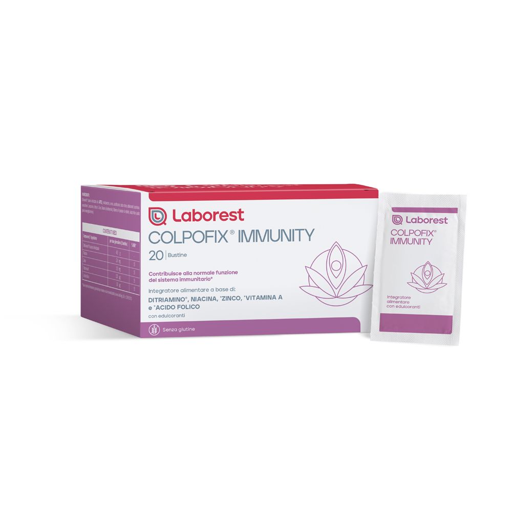 Confezione prodotto con una bustina. Scritto: COLPOFIX IMMUNITY. Logo Laborest.