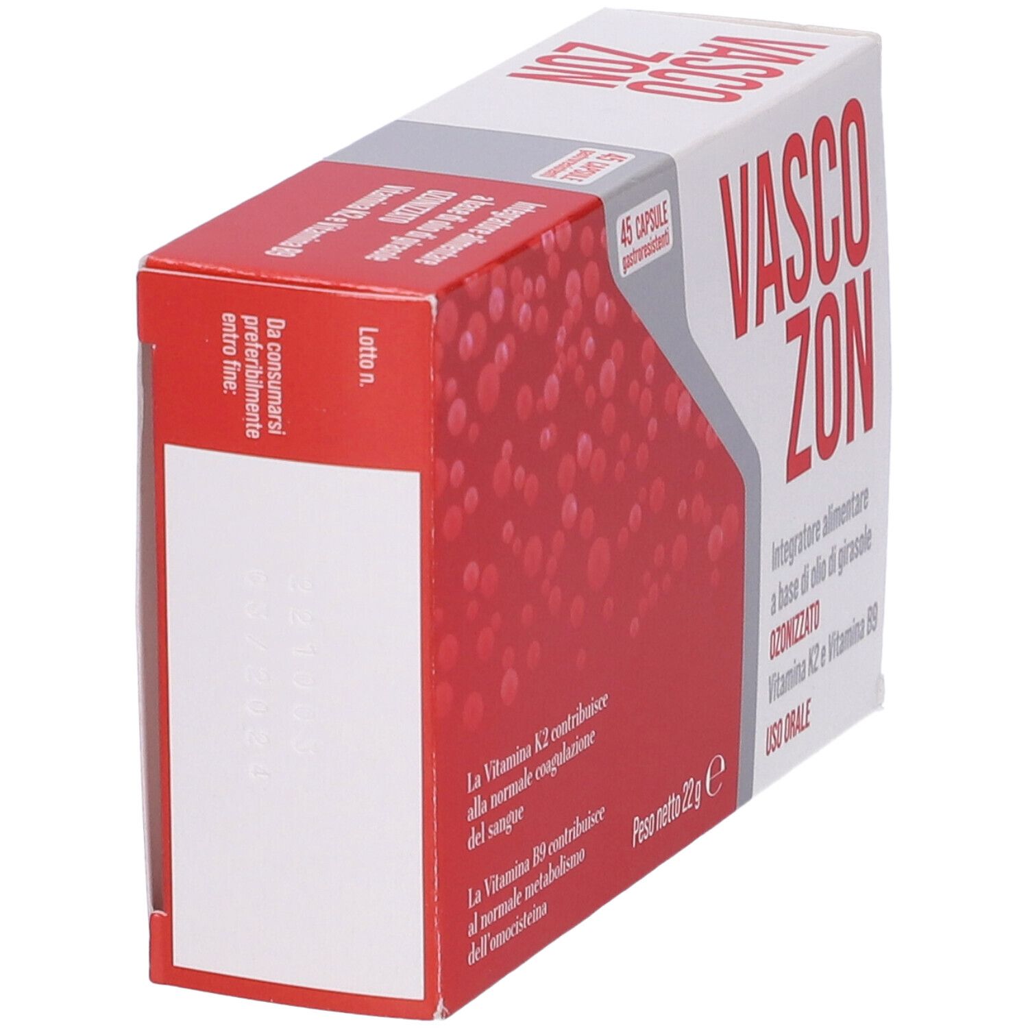 Scatola "VASCOZON" in prospettiva. Colori rosso e bianco. Testo in italiano. Contiene 45 capsule.