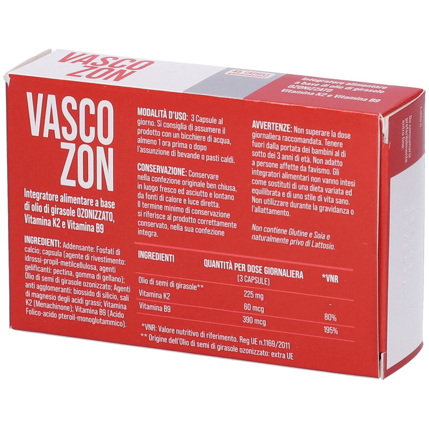 Retro della scatola "VASCOZON". Informazioni sugli ingredienti e valori nutrizionali. Testo in italiano.