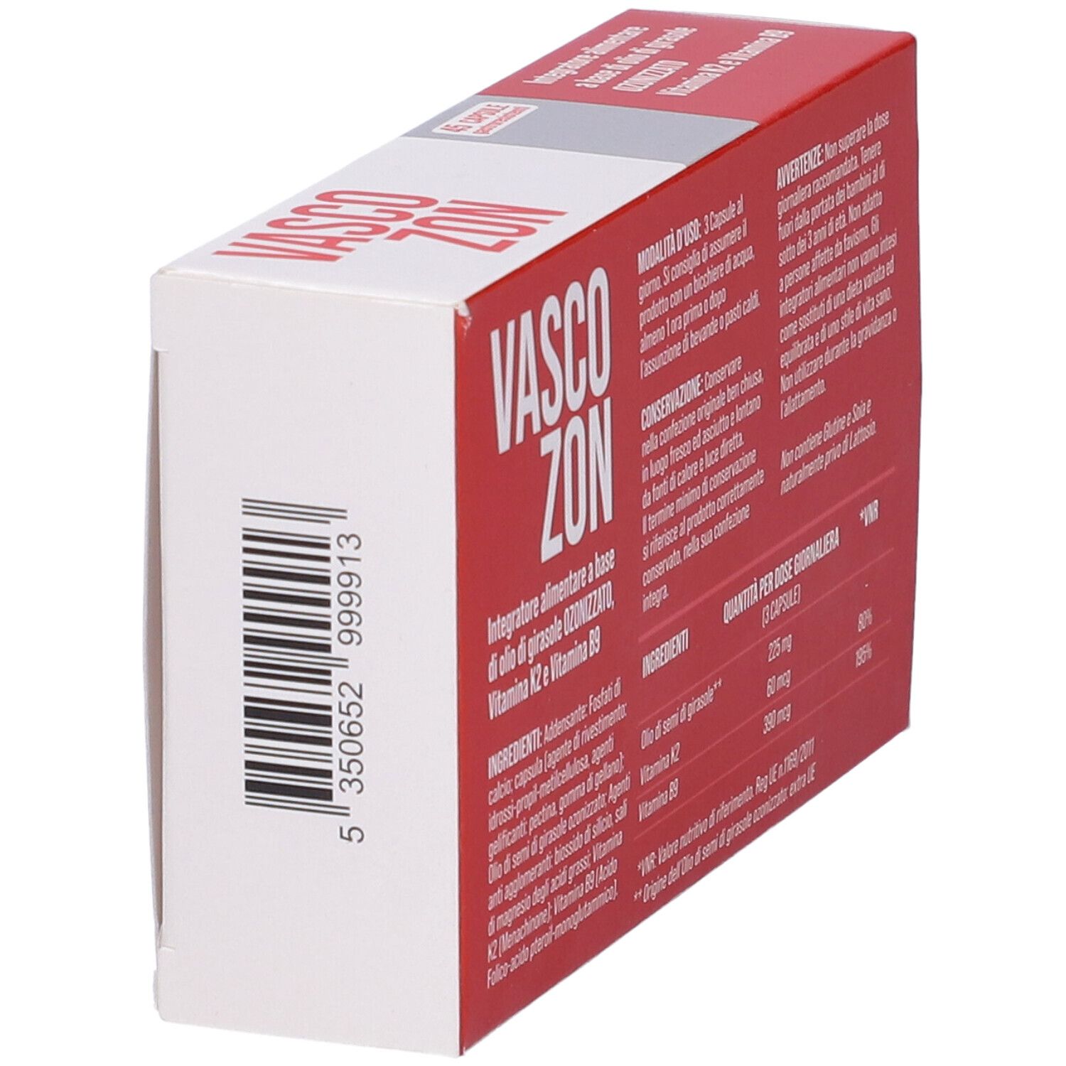 Scatola "VASCOZON" in prospettiva. Informazioni e codice a barre. Testo in italiano. Contiene 45 capsule.