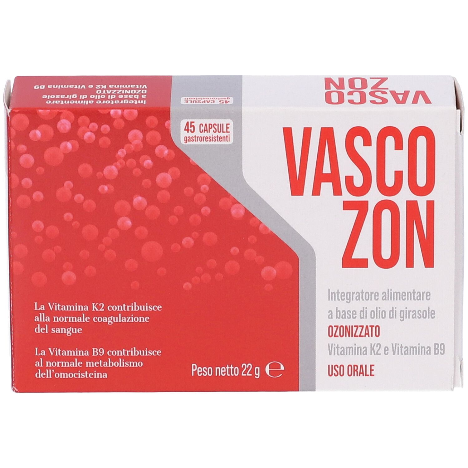 Scatola "VASCOZON" con 45 capsule. Colori rosso e bianco. Testo in italiano. Contiene informazioni.