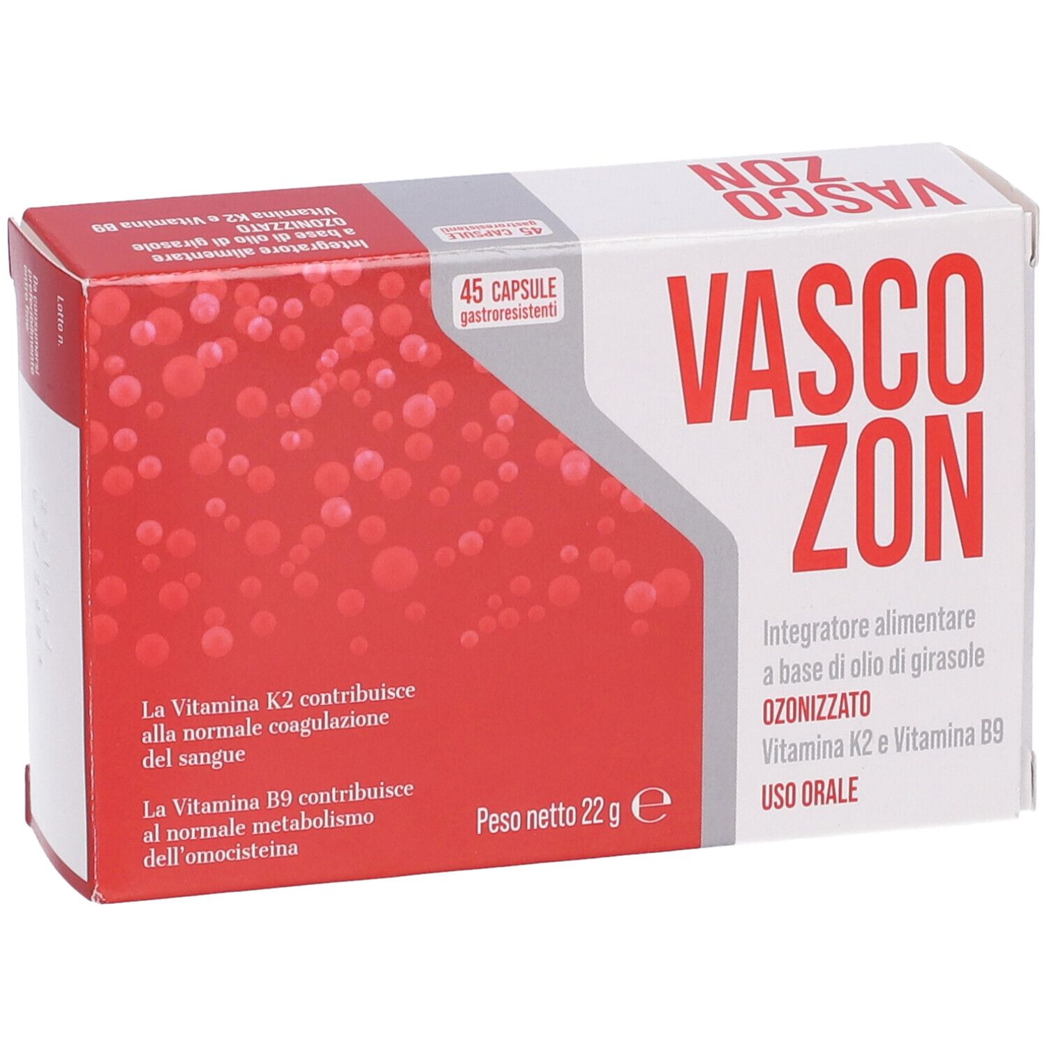 Scatola "VASCOZON" con 45 capsule. Colori rosso e bianco. Testo in italiano. Contiene informazioni.