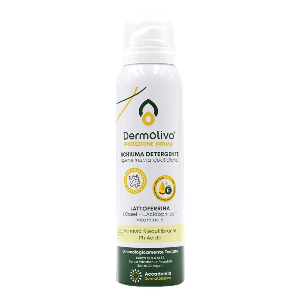 Prodotto Dermolivo bianco con erogatore spray. Testo: Schiuma Detergente, Lattoferrina, Vitamina E. Dettagli verde e giallo.