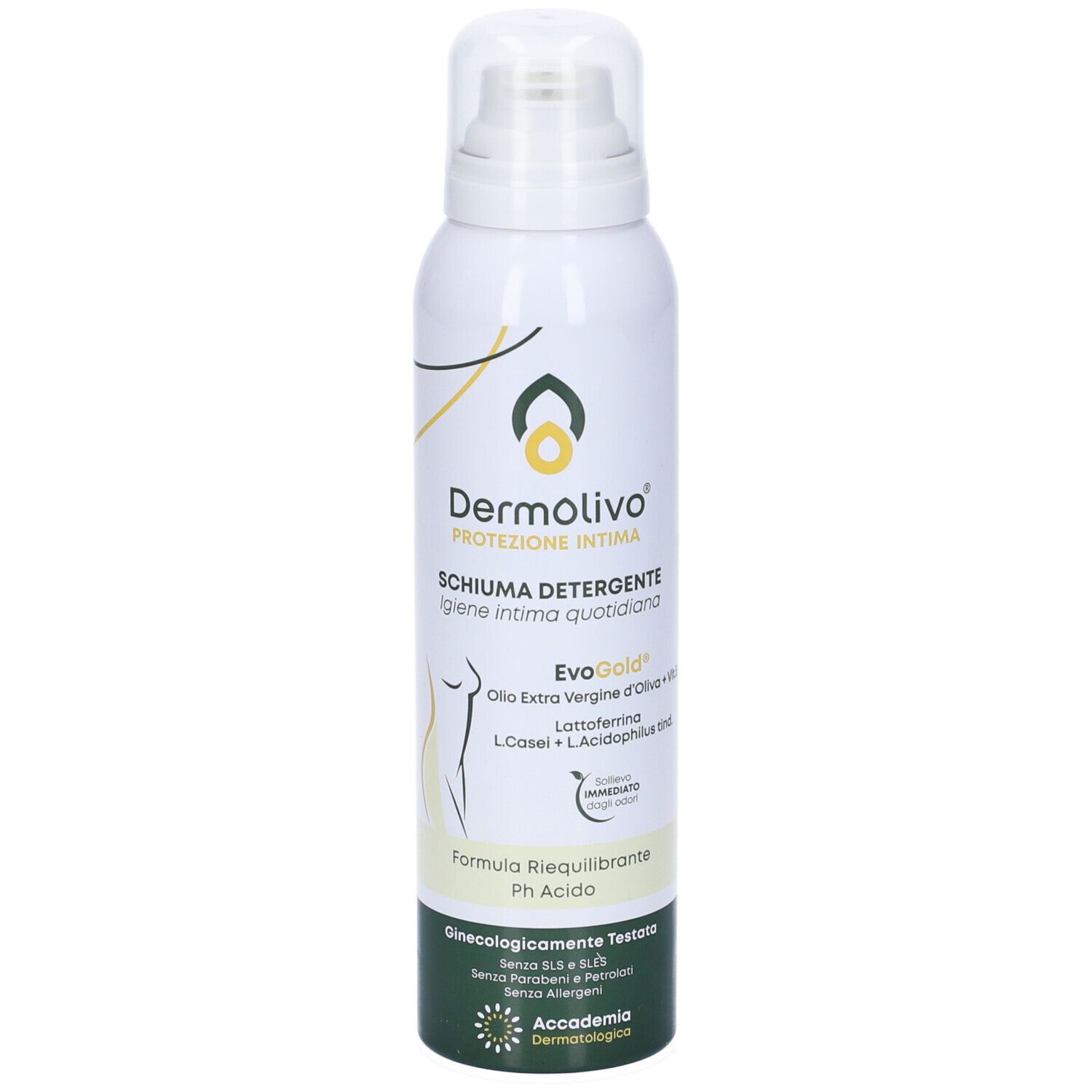 Prodotto Dermolivo bianco con erogatore spray. Testo: Schiuma Detergente, EvoGold, Lattoferrina. Dettagli verde e giallo.