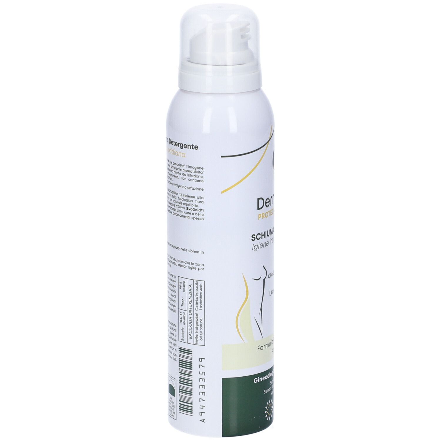 Prodotto Dermolivo bianco con erogatore spray. Retro con testo e codice a barre. Dettagli verde e giallo.