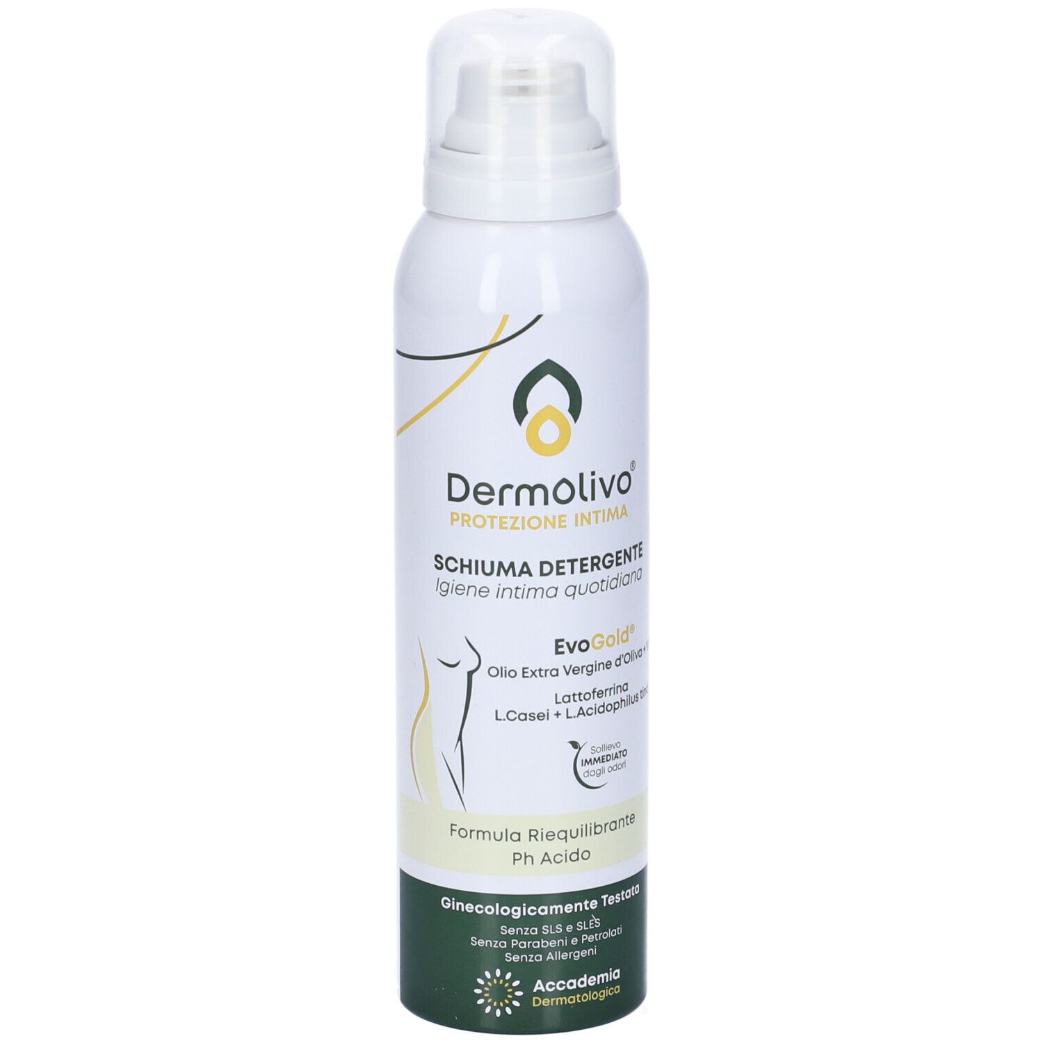 Prodotto Dermolivo bianco con erogatore spray. Testo: Schiuma Detergente, EvoGold, Lattoferrina. Dettagli verde e giallo.