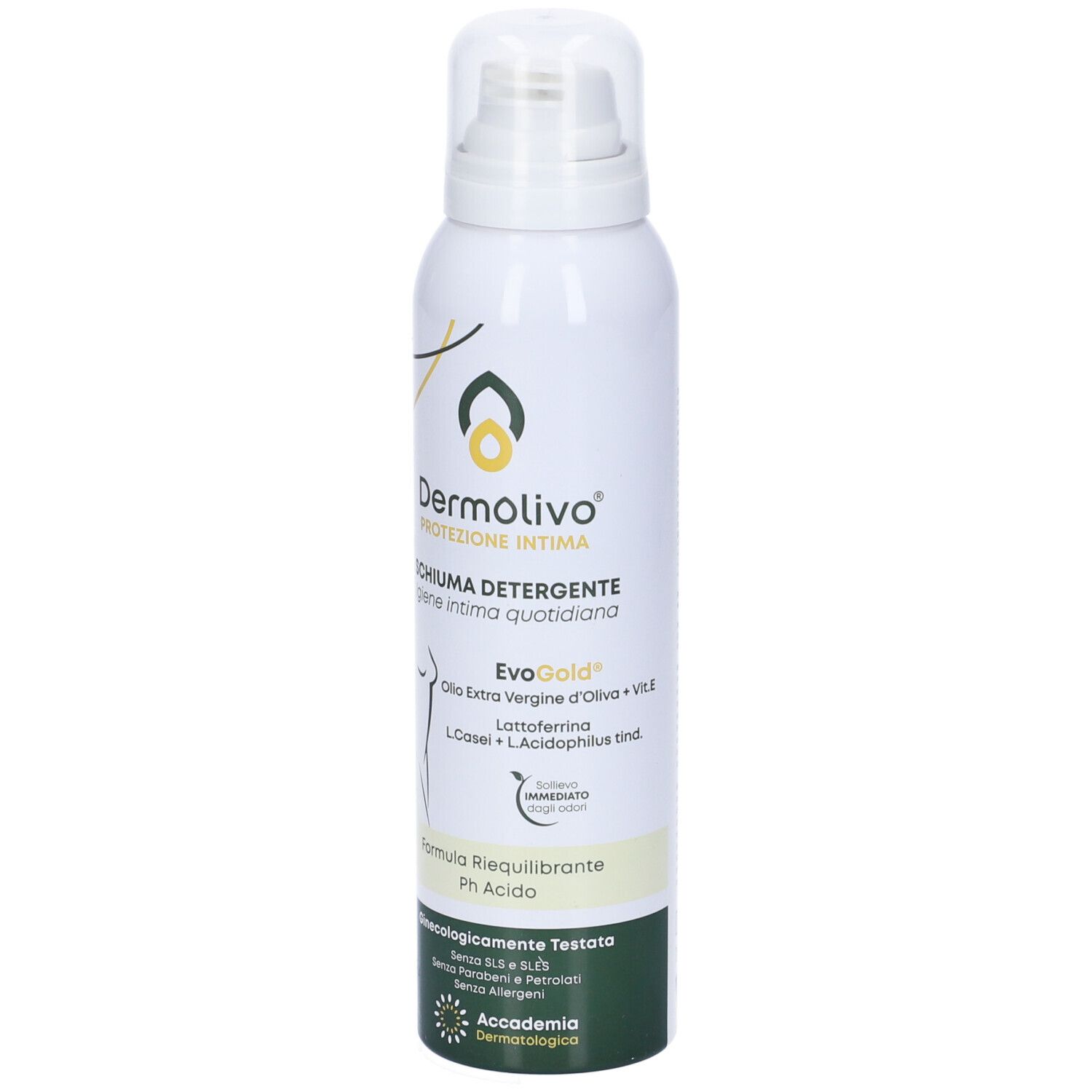 Prodotto Dermolivo bianco con erogatore spray. Testo: Schiuma Detergente, EvoGold, Vit. E. Dettagli verde e giallo.