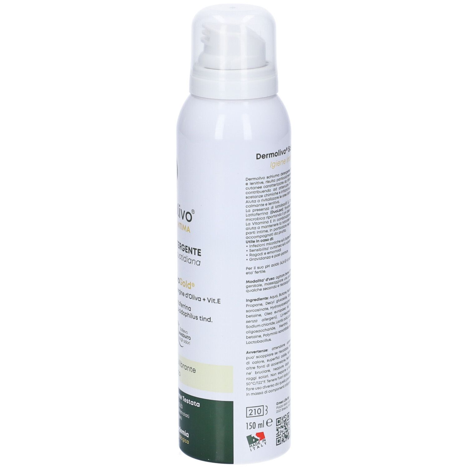 Prodotto Dermolivo bianco con erogatore spray. Retro con testo e 150 ml. Dettagli verde e giallo.