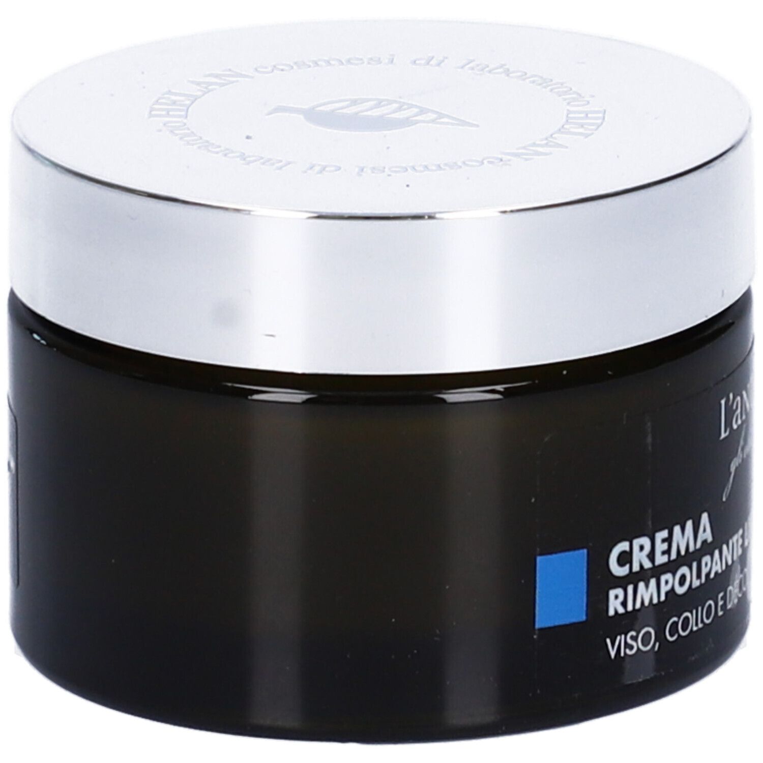 Vaso di crema scuro con coperchio argentato. Testo: Crema Rimpolpante, Viso, Collo e Décolleté. Marchio: HELAN.