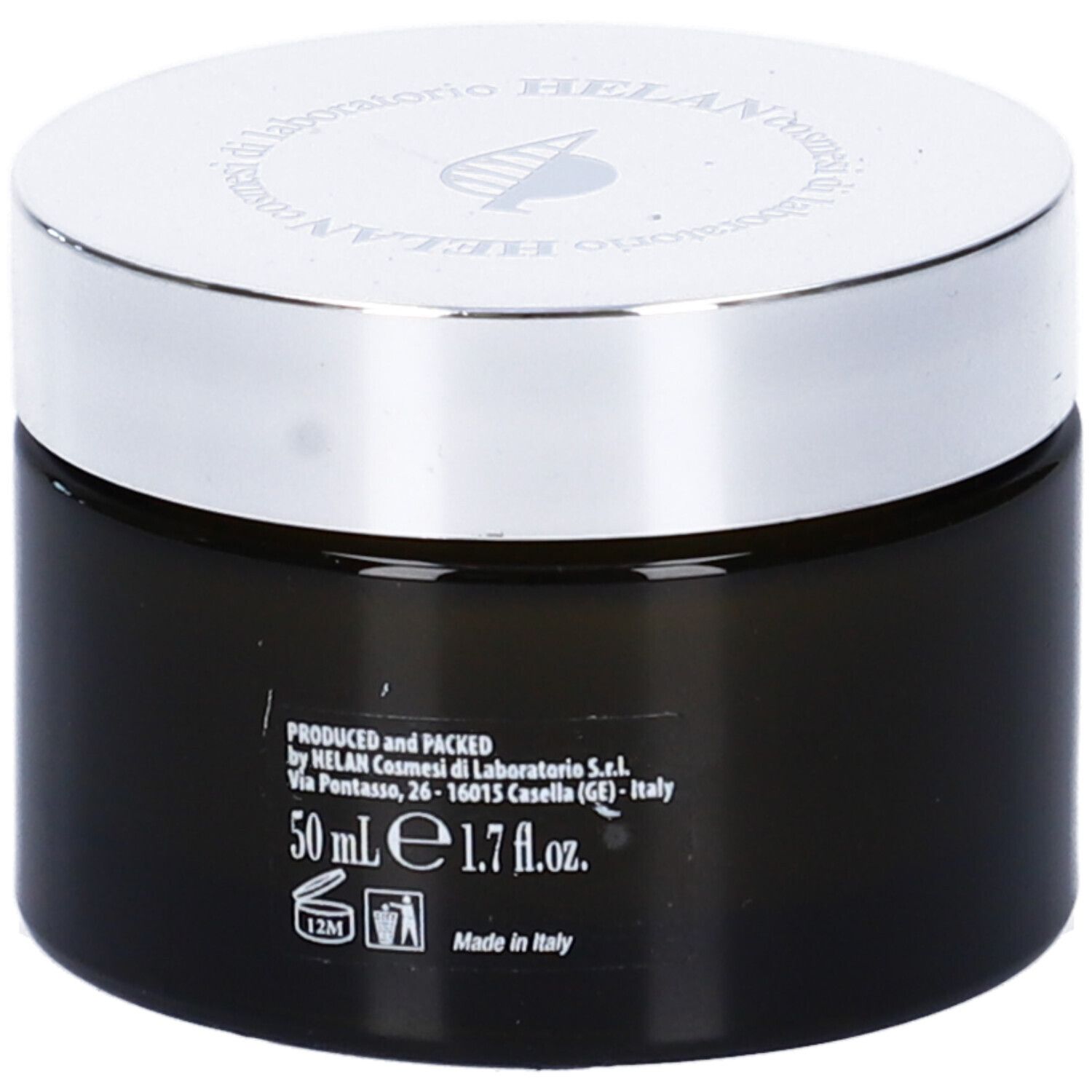 Vaso di crema scuro con coperchio argentato. Testo: 50 ml, 1.7 fl.oz. Prodotto in Italia. Marchio: HELAN.