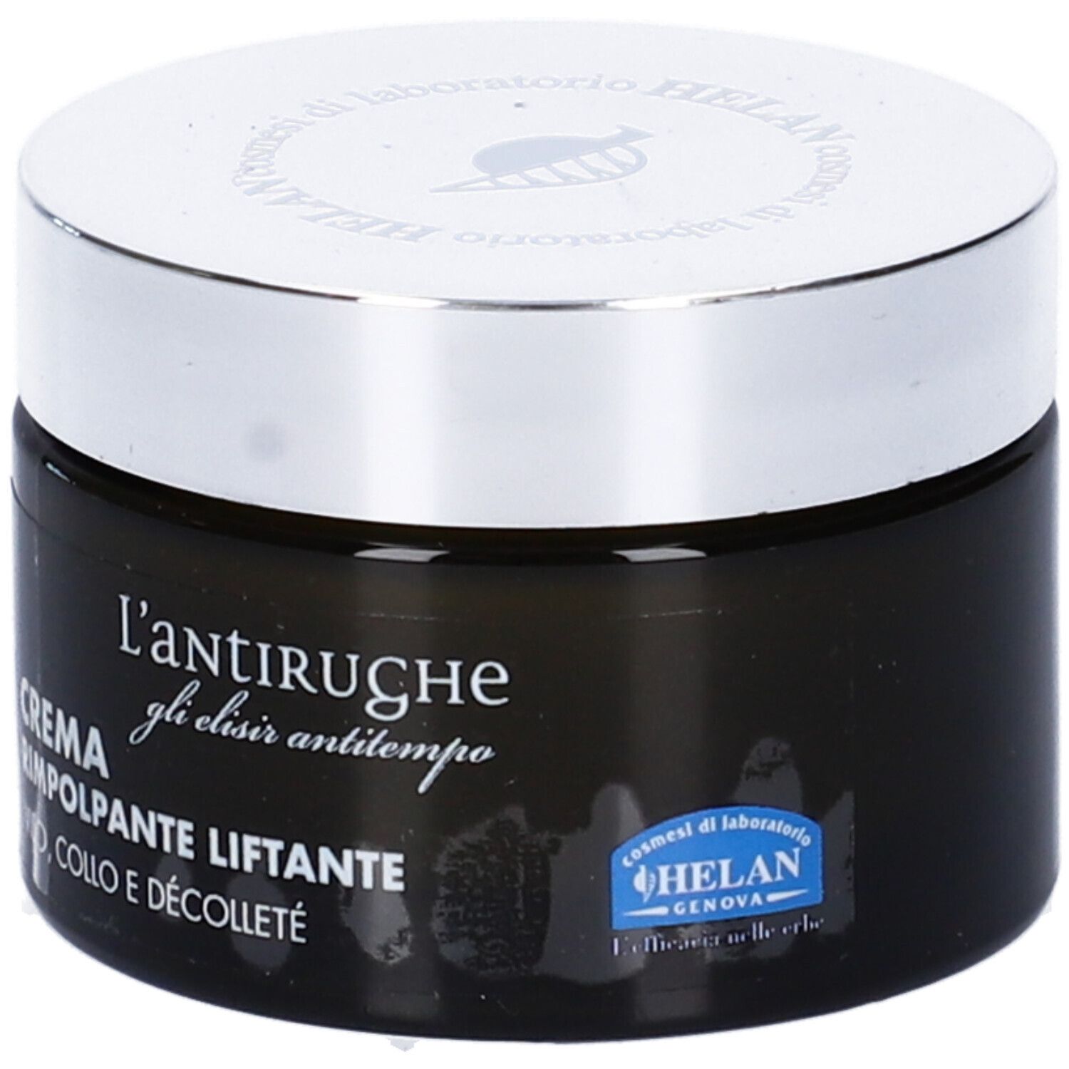 Vaso di crema scuro con coperchio argentato. Testo: L'antirughe, Crema Rimpolpante Liftante, Viso, Collo e Décolleté. Marchio: HELAN.