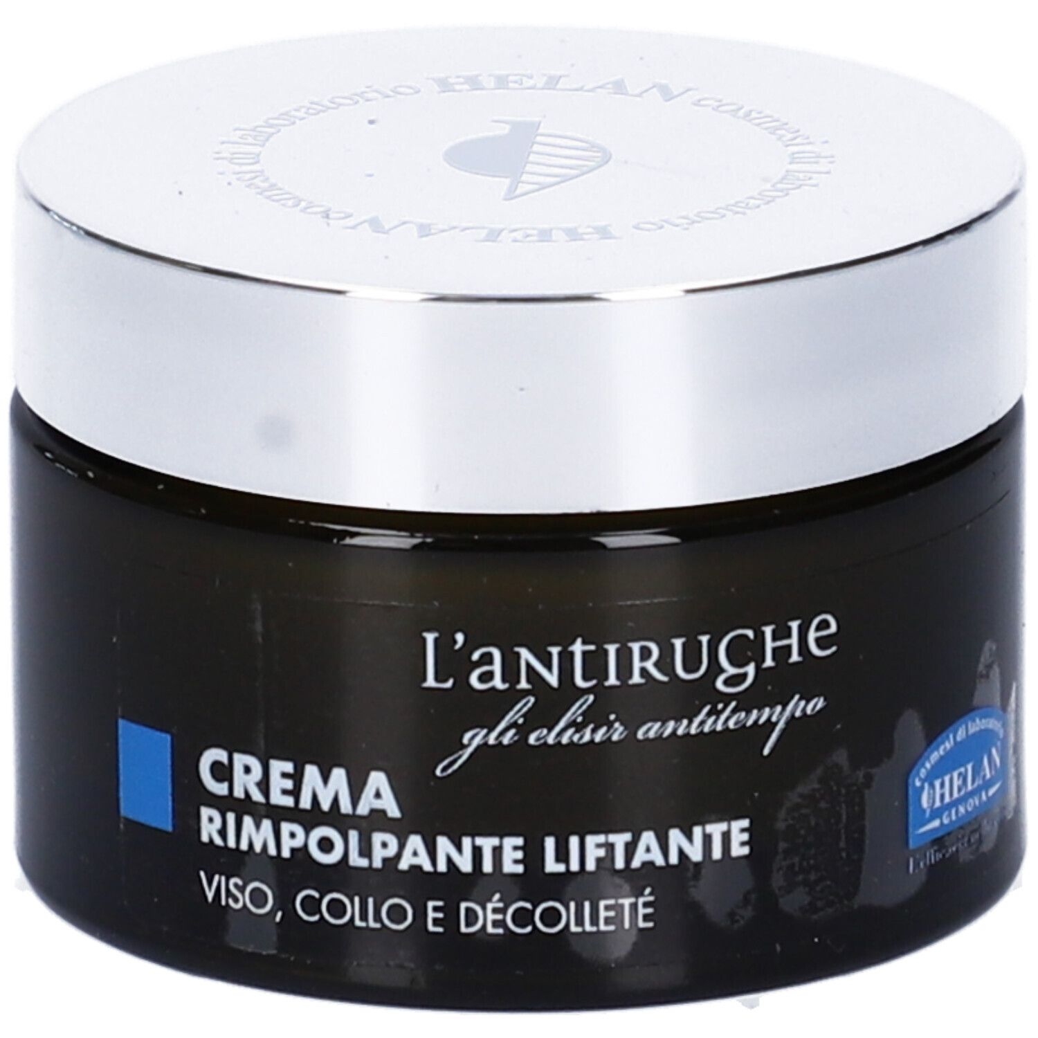 Vaso di crema scuro con coperchio argentato. Testo: Crema Rimpolpante Liftante, Viso, Collo e Décolleté. Marchio: HELAN.